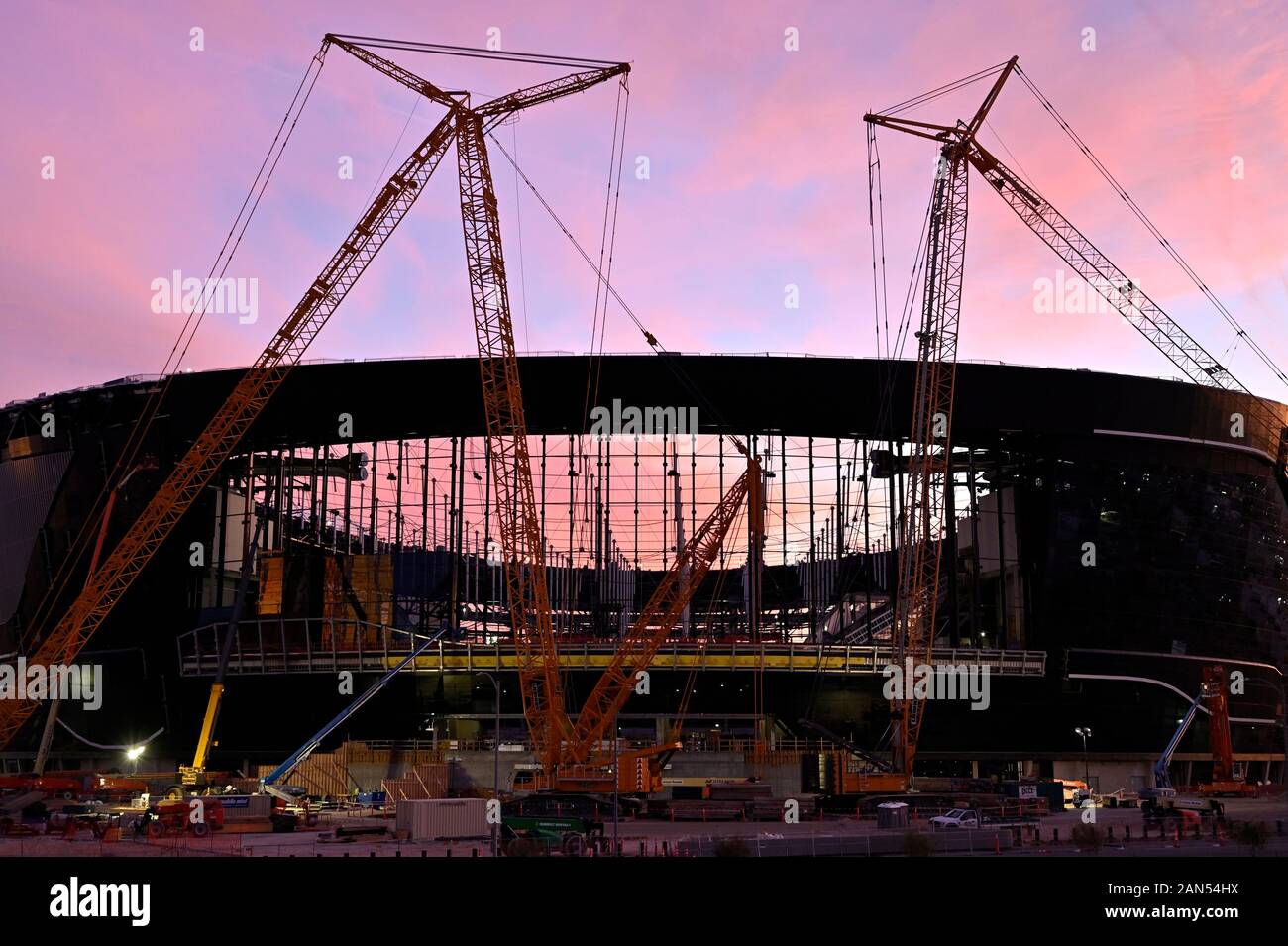 Las Vegas, Nevada, USA. 15th Jan, 2020. Allegiant Stadium is seen under construction as the sun sets on January 15, 2010 in Las Vegas, Nevada. The $1.8 billion domed stadium will home to the National Football LeagueÃs Las Vegas Raiders and the University of Nevada, Las Vegas Rebels college football team. Construction of the public and privately funded project began on September 18, 2017 and is scheduled to be completed in time for start of the 2020 NFL football season. Credit: David Becker/ZUMA Wire/Alamy Live News Stock Photo