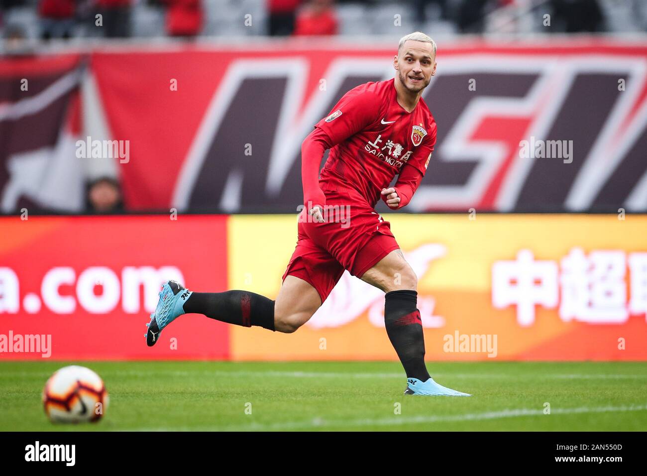 Austrian Football Player Marko Arnautovic Of Shanghai Sipg F C Attempts To Stop The Ball During The 30th Round Match Of Chinese Football Association Stock Photo Alamy