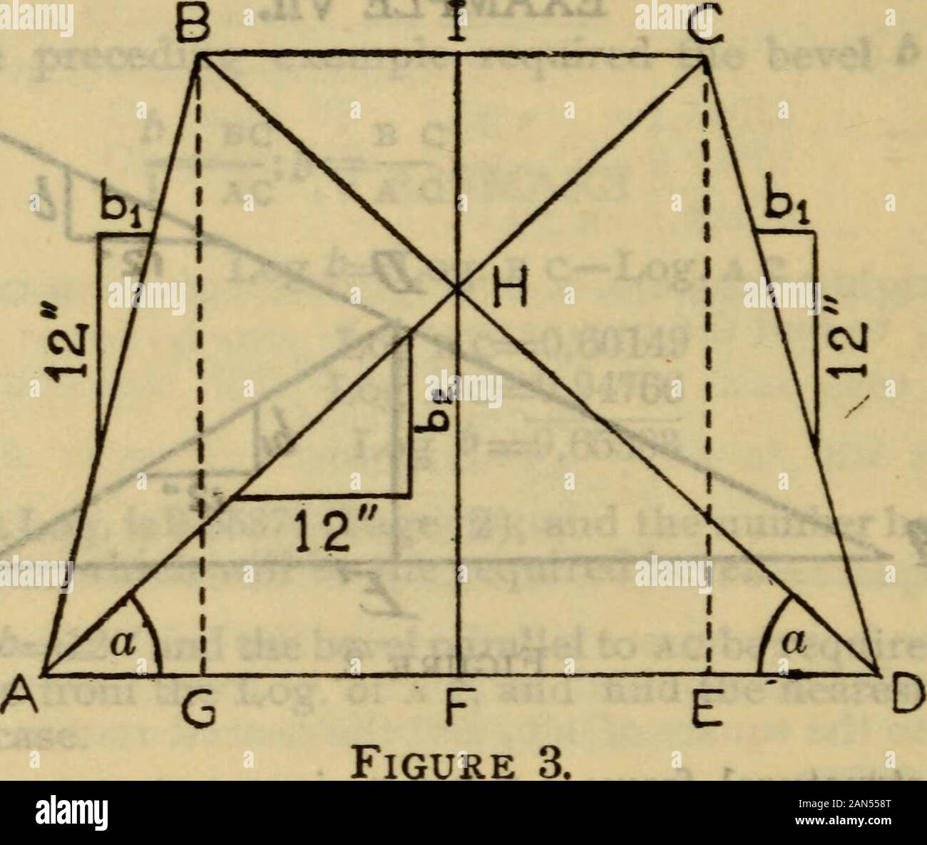 Smoley's tables; parallel tables of logarithms and squares, diagram for solving right triangles, angles and logaithmic functions, corresponding to given bevels, common logarithms of numbers, tables of logarithmic and natural trigonometric functions, and other tables; for engineers, architects and students . rectly. In the numerical examples V and VI: Log AB=0.98784 I,og AC=0.94766 Log Sec A=0.04018 The nearest number=l^l%2^^ ^2=0.203014-/)2=1.2030 and the nearest root=l^l%2^. ..rlao.^^T 323 EXAMPLE Vn. .^^ JD^ ^^ 12 Vs «5^ Figure 2. In the structural frame a D B c K given A E, E C and B c to f Stock Photo
