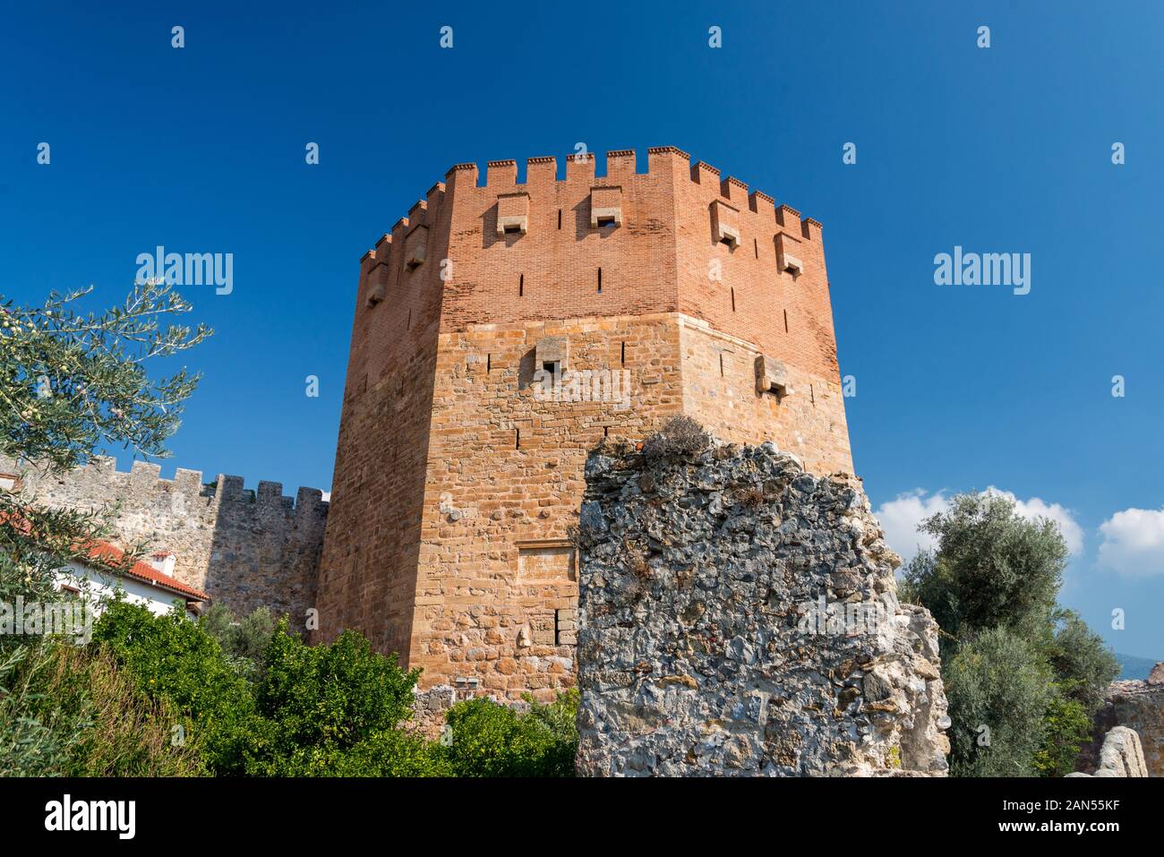 Red tower or Kizil Kule in the ancient citadel Alanya Kalesi Stock Photo