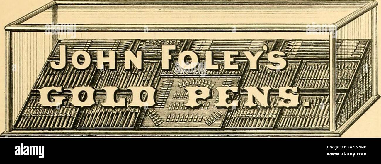 History of the invention and illustrated process of making Foley's diamond pointed gold pens . ?&gt; N! 7BANK Penand Hotoer $ 3:75 EachIM £« »- All Foleys Gold Pens are put up in neat trays like this one, free of charge, and marked with the NewYork market selling prices. To save trouble to dealers, twelve trays of this size assorted (some for pens only?and some for pencils) will just fit into a three foot show case.. Three feet, Black Walnut, Bevel Front, Show Cases, Lettered in Gold, $12.50 each.Will hold an assortment of $200 to $1,000 worth. SAME SIZE SILVER PLATED SS IK TO 4 25 Stock Photo