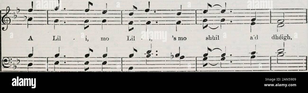Coisir a Mhd : the M collection of Gaelic part songs 1896-1910 . B^ EESEEEEt 9—^—F-^ chail - in, shfi dheigh, l—^-i gEE^J^g^B^j. r«//. i—1— S 1 —1 s— 1 ^ —* Cba 1 leir 1 5 r dhomh am &gt; ! m « beal - ach le sU 1 1eadh 1 * —r— 1nan -A 1 deur. A ^&gt;-r— r • -^ t ^f P —5--: -i— L^ 1 Gun deirich mi mochthrath maduinn an deS gu n gheàrr mn ear-thalmhainn do bhrigh moAn dull gu m faicinn-sa run mo chleibh; [sgeil;Ochòin ! gu m facas s a cùlaibh rium fein. 3 S ann ormsa tha m mulad s am fiabhrus mòr,O n chualas gu n deach thu le Brian an t-òg;Mo chomunn cha dean mi ri mnaoi san fheòil,O n rinn thu Stock Photo