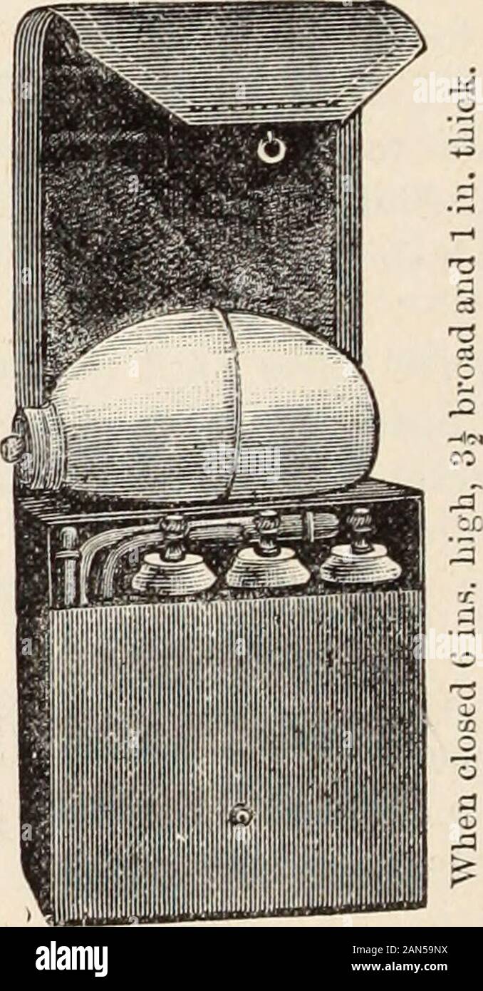 American medical digest. . KlG. 2. Fig. 2, represents the apparatus as apowder blower. As the powder is contained in a glassbottle, it is always easy to tell how muchyou have in the blower and how muchyou are using. It is more readily filled than anyother, and the powder does not absorbthe odor of the rubber. The powder does not issue en masse,but is exactly regulated by pressure. There is no back suction of mucus. The bottles used in the atomizer andpowder blower can also be used on theoffice air-receiver by using a simpleattachment. Every variety and shape of tube canbe instantly adjusted. T Stock Photo