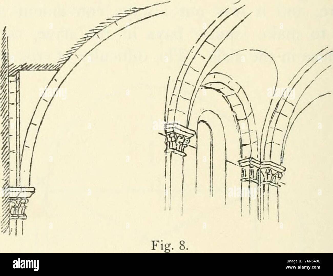 Gothic architecture in France, England, and Italy . Fig. 7-an oblong bay had still to be encountered, and also thatof raising the nave vaults high enough for a clerestory. An oblong bay is shown in Fig. 7. The lines AB Difficultyand DC represent the transverse arches dividing the an oblongbays: AD is the wall-arch: and AC and BD are the 32 THE GOTHIC VAULT [CH. Ill The Welsh groin diagonal groins. On each base line is set up its arch,which in early work would of course be semicircular.It will be seen at once that it is no easy matter to forma cross-vault with three arches so different in heigh Stock Photo