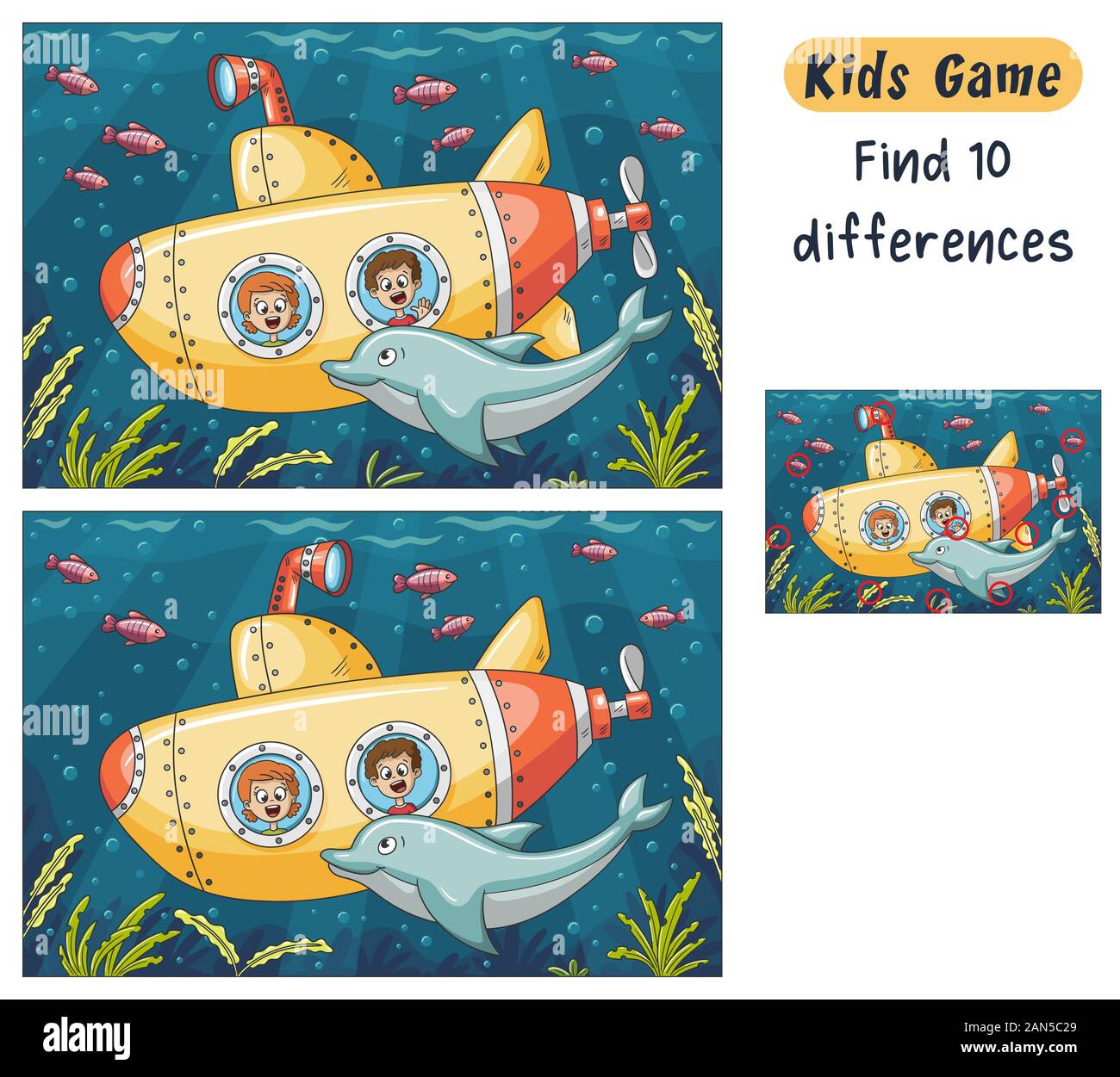 Find 10 differences. Funny cartoon game for kids, with solution. Vector