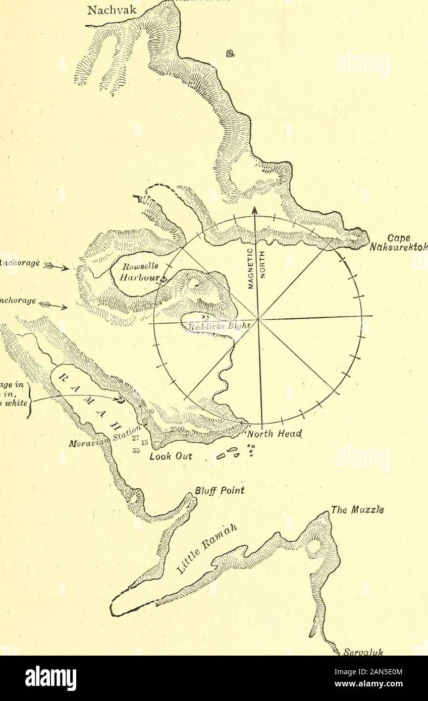 Labrador, the country and the people . Fig. 12. View looking west up Saeglek Bay 1. St. Johns Harbour; 2. Southern division of bay; 3. North division of bay;4. Island bore N. 325° W. shelf. The summer fisheries are carried on along the^inner banks which, between Cape Harrison and Cape THE PHYSIOGRAPHY OF LABRADOR 67 Nacln ak Schooner Anchorage ;^  v Schooner Anchorage Good anchorage in7 fm.. cln-ein.Opposite two whitebeacons.. -Il^^rt WILLtAMS ENSBAViUG CO., N.Y. hamah: region Long. 63° 15 W. Lat. 58 53N. SCALE OF GEOGRAPHICAL MILES 0123456789 10 68 LABRADOE Mugford, Hind has estimated to cove Stock Photo