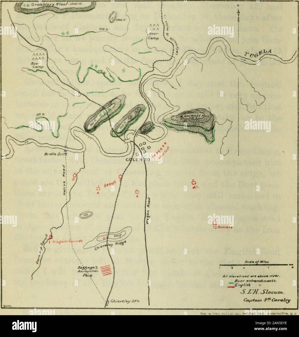 Reports on military operations in South Africa and China . the plain below and the Boer posi-tions across the Tugela River, where they still remained intheir intrenchments and could be seen with glasses, working.From this advance post to the Tugela River wagon-roadbridge—spoken of in General Bnllers battle order as the IronBridge—is about 7,400 yards. Before giving the present positions that the English holdfrom the extreme left at Modder River to the right at Chie-veley, I will briefly describe this battle of Colenso to showthe tendency of the English to make frontal attacks only. * * * * # # Stock Photo