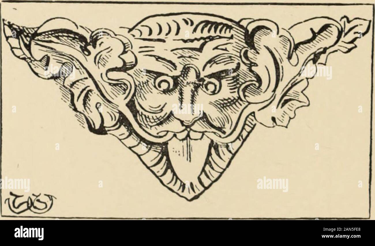 The grotesque in church art . FOLIATE MASK, ST. MARY S MINSTEK,ISLE OF THANET.. FOLIATE MASK, BBVBRLBV MINSTBR. like a shallow speaking-trumpet. The leaves appear to bethe vine, and so the head, perhaps, that of Bacchus. Betweenthe eyebrows will be noticed an angular projection. This MASKS AND FACES. 123 is probably explained by a mask in a misericorde in St.Marys Minster, in which some object, perhaps the nasal ofa helmet, comes down the middle of the forehead. The Stock Photo