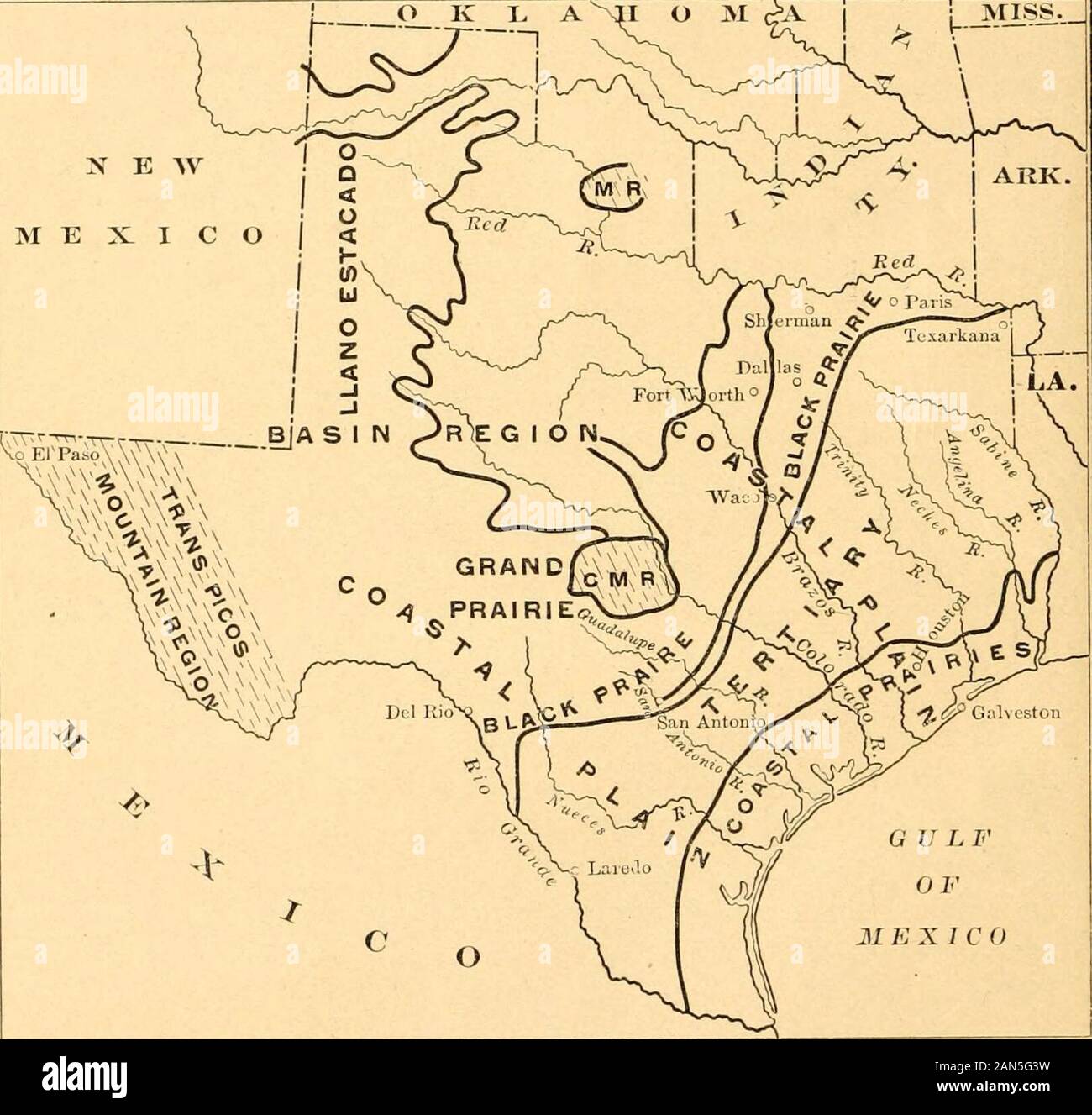 A complete history of Texas for schools, colleges and general use . cities of a thriving population ; while farther south thevalley of the Nueces and allied streams carves out a similar Nueces vaiieydepression in the lower part of this great table-land. Interme-diate between these two principal basins, and following their •general direction from northwest to southeast, there runs for a jconsiderable distance a bold but broken rocky ridge, coveredwith groves of live-oaks and cedars, interspersed with luxuriantvalleys, and ending on its southern and southwestern front inprecipitous bluffs,—the D Stock Photo
