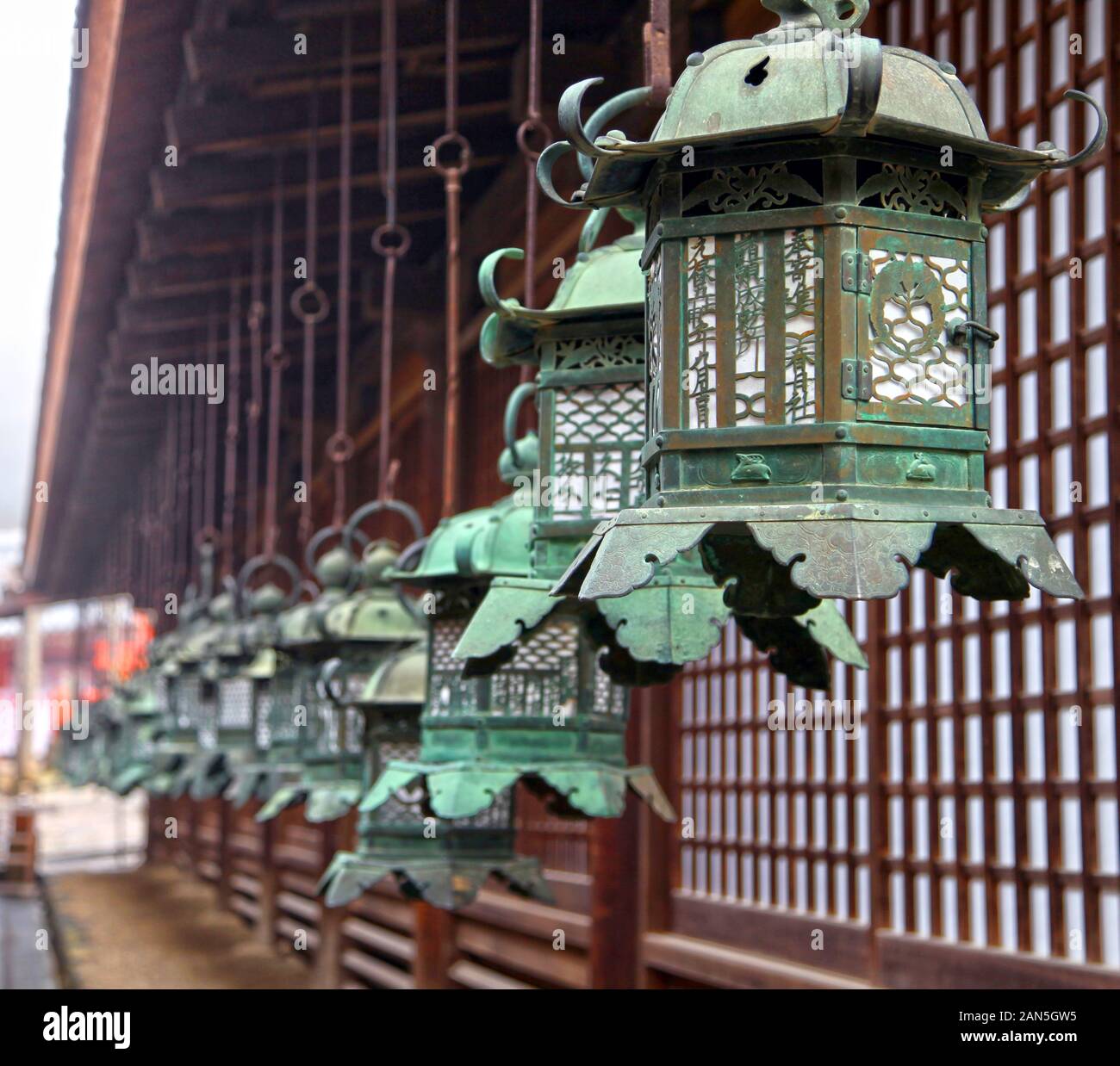 Copper lanterns at the Kasuga Grand Shrine in Nara, Japan Stock Photo