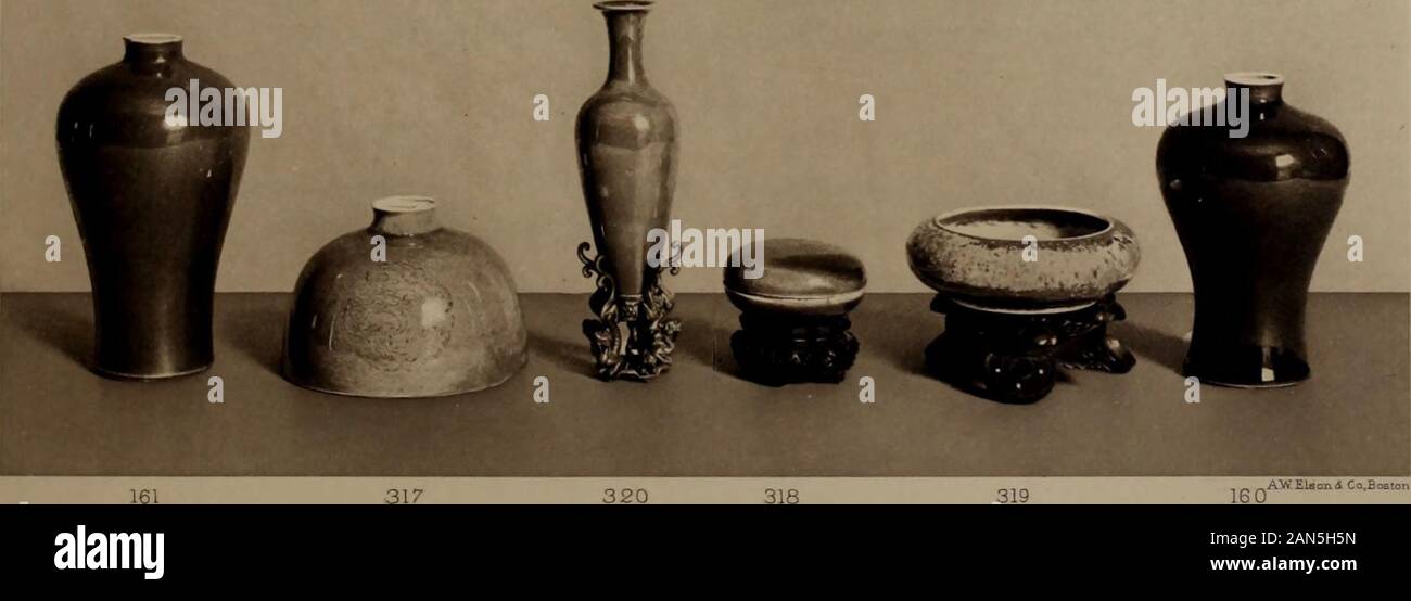 Illustrated catalogue of the art and literary property collected by the late Henry GMarquand . S45 21/. 320 FIRST AFTERNOONS SALE Saturday, January 24th, 1903 BEGINNING PROMPTLY AT 3 OCLOCK Antique Chinese Porcelain 101 — Miniature Vase. Oviform bottle shaped. Mirror-black glaze. 102 — Miniature Ovoid Vase. Rose souffle glaze. Yung-cheng, 1723-1735. 103 — Miniature Vase. Cylindrical. Mustard-yellow crackle glaze. 104 — Writers Water Jar. Globular form. Thin white porcelain, coated with an imperial yellow glaze ; phoe-nixes and cloud forms incised and enamelled in green and purple. 105—Writers Stock Photo