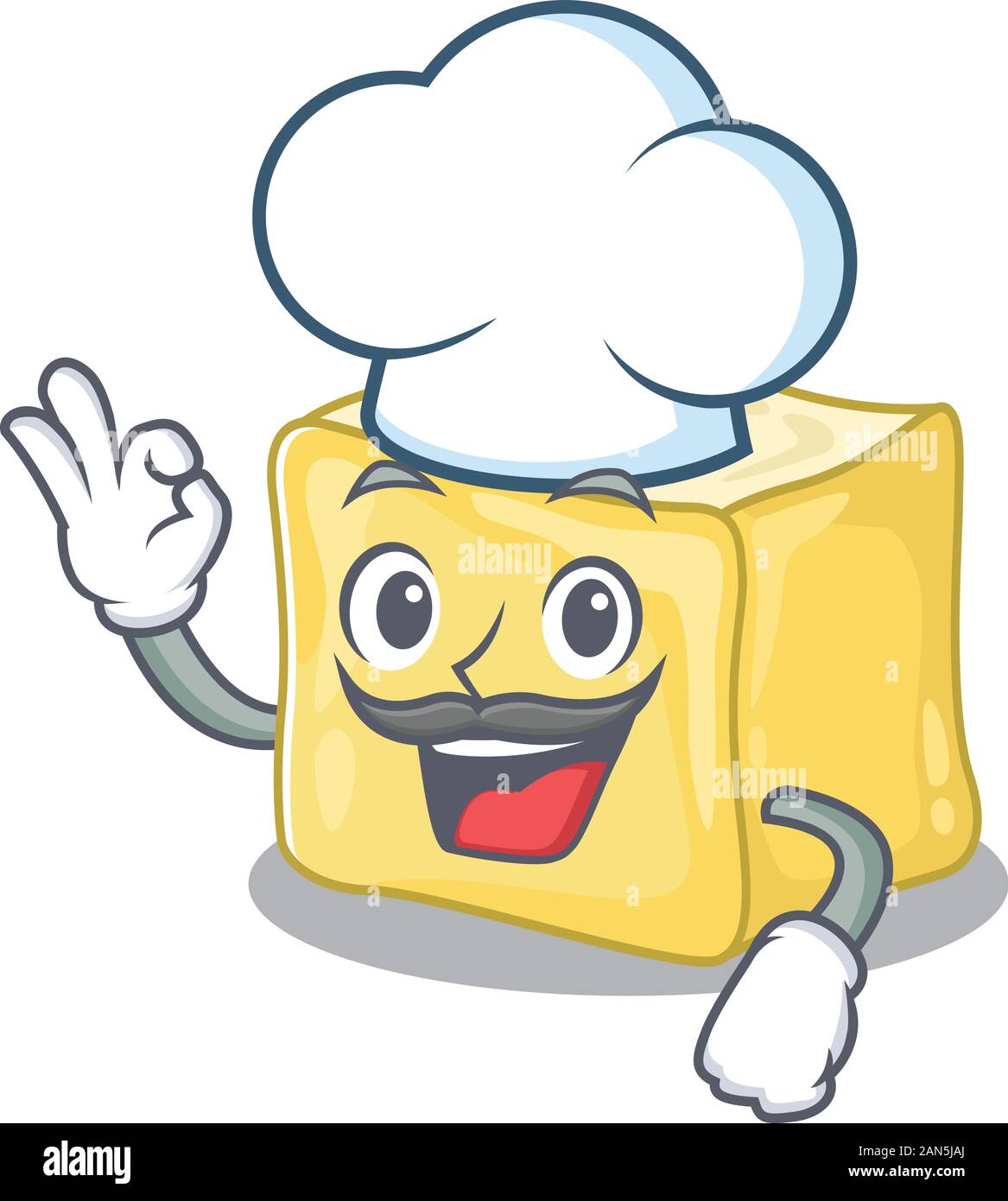 Creamy butter cartoon character wearing costume of chef and white hat