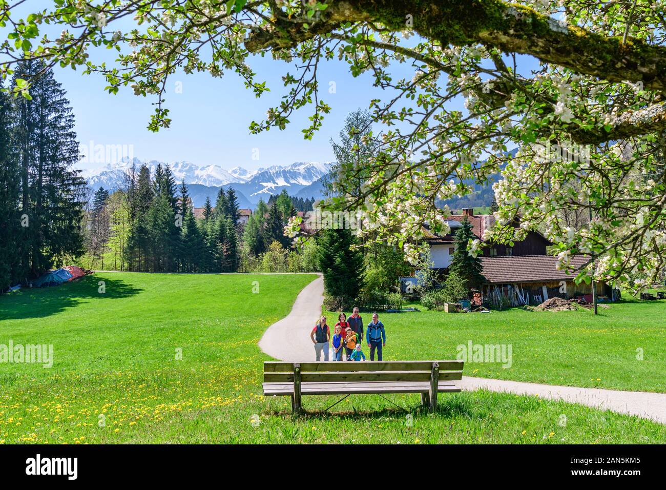 Family hiking tour in springtime nature on a nature adventure trail near Ofterschwang in Upper Allgäu Stock Photo