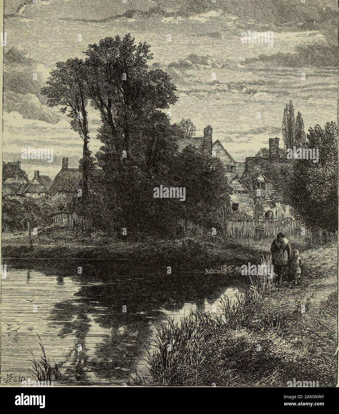 Birket Foster's pictures of English landscape . 26 XXVII. THE VILLAGE CHURCH-YARD. Narrow the bounds of village life and death :The infants cradle, and the elders graveSo near, it seems that those who sleep beneath,And those who play where churchyard grasses wave,Must almost breathe alike the limes sweet breath,And hear the daws clamour round tower and nave. The city churchyard is a ghastly place,High heaped in festering mould, with nettles rankThat clutch and choke in venomous embraceThe tombstones falln awry, and greening dank;Girt by mean houses grudging its foul space,And walls that bulge Stock Photo