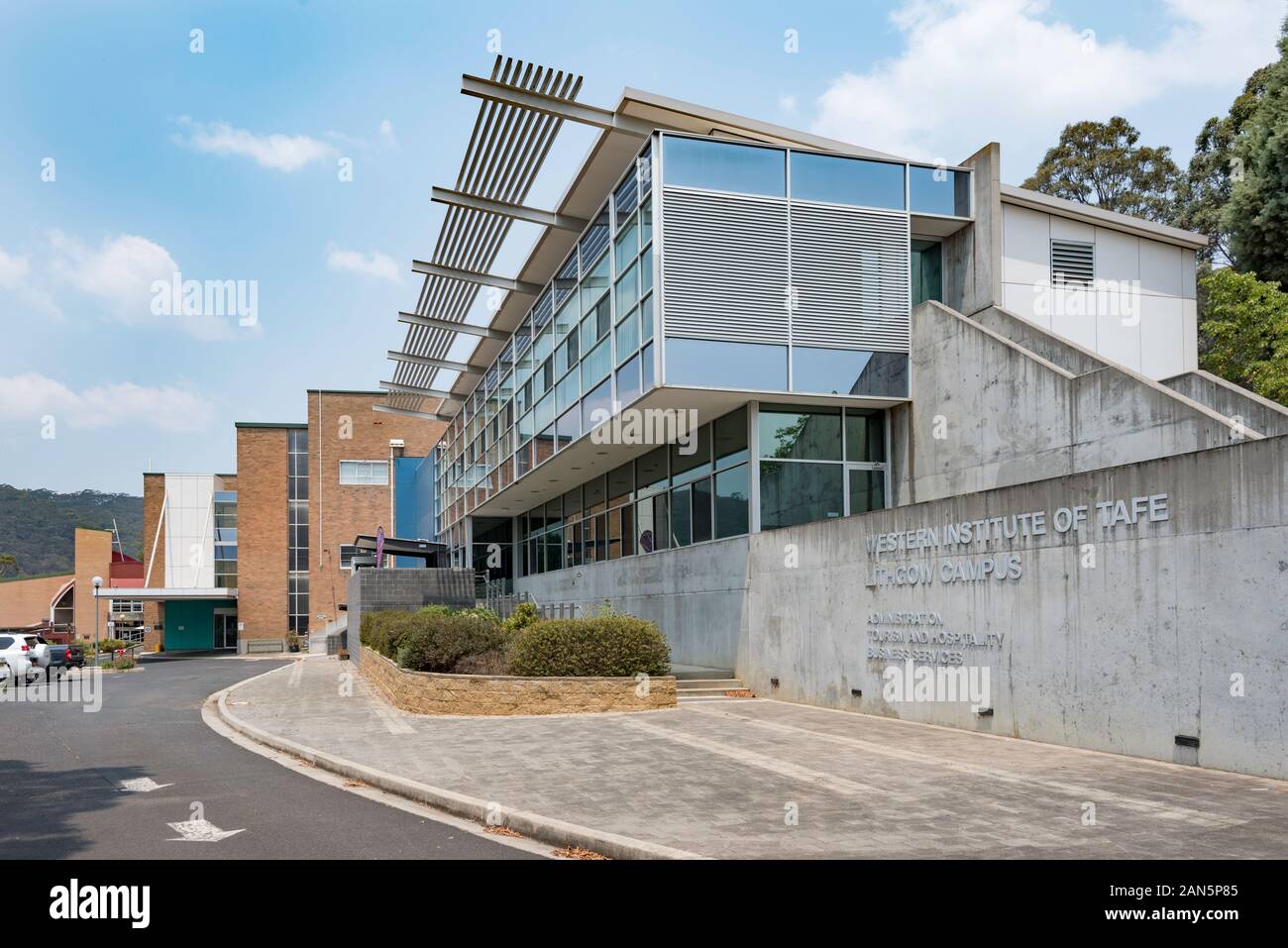 The Western Institute of TAFE, Lithgow Campus is a combination of buildings built over many years with the latest of pre-form concrete steel and glass Stock Photo