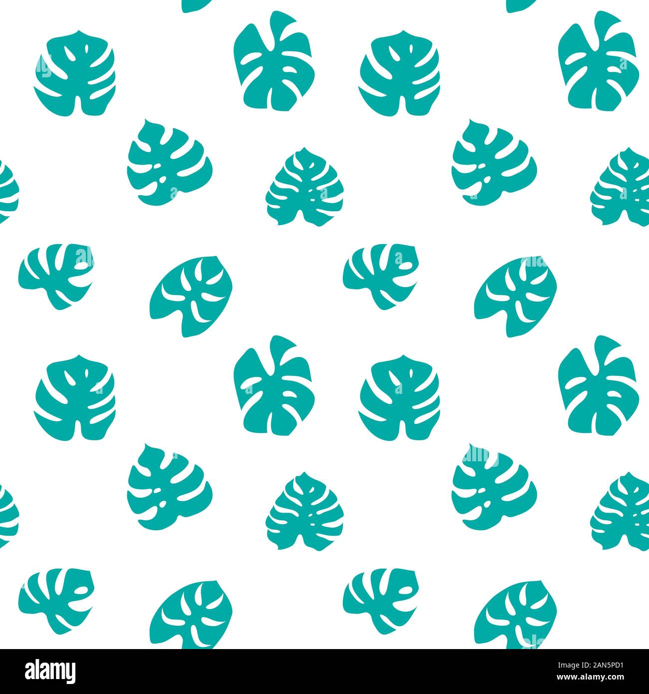 Seamless pattern with green monstera leaves. Exotic plant silhouettes on white background. Flat vector illustration. Stock Vector