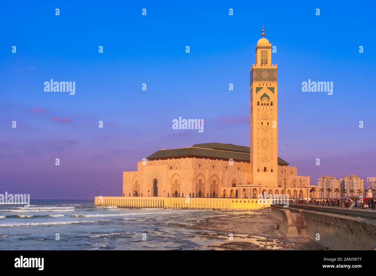 The Hassan II Mosque is a mosque in Casablanca, Morocco. It is the largest mosque in Morocco with the tallest minaret in the world. Stock Photo