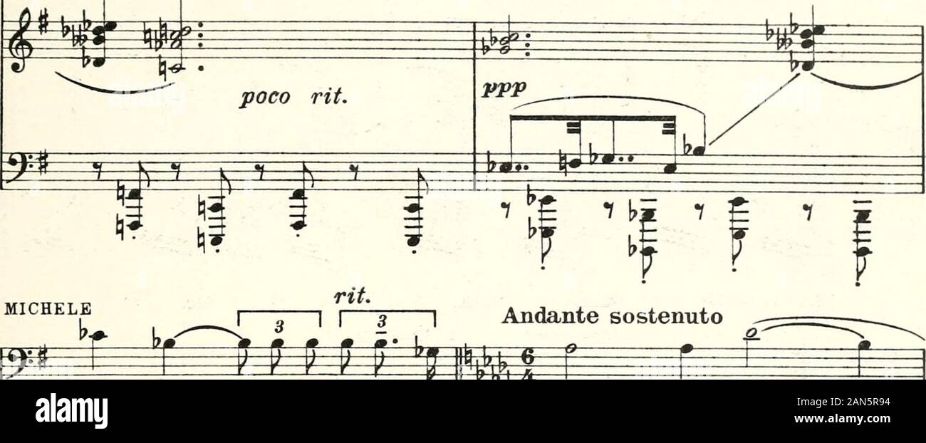 Il tabarro (da 'La Houppelande' di Didier Gold) . ÉÉH H&L m s 11 fe mi dt=S ^g h^^ t =: # -: rt i: =: ! i ,t *jf i * i (Ipr r H7404 r poco rit. piano Ti i—r 87 MICHELE # -#- -p- d -m- -m- «. i gg r ^ , r 7 f | g *^-± i—i b  n r3 n M bion   de... Sen   to le vo stre boc   che vi.ci   no al«la mia. W tv I I ffii t* boc   ca E.rotanlo fé. li       ce, ah. 78] Andante sostenuto dolce^ Stock Photo