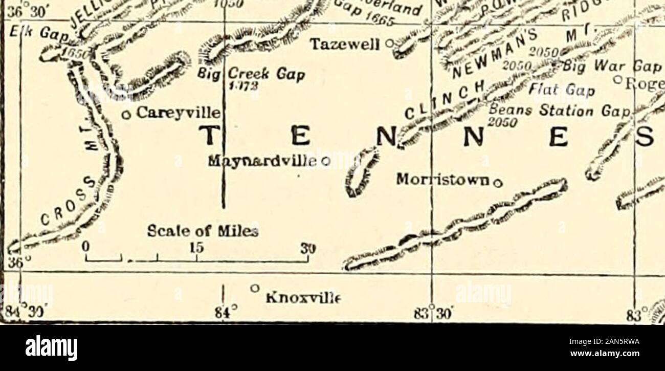 The blue-grass region of Kentucky : and other Kentucky articles . fc*F»* Tazewell ojj- %;5** 35§PT. Gap f&gt;t,. ??-,,-J-V., jgjg Moccasin Gap ^#^5-&gt;t° ^^^N-fe^C AROLINA MAP SHOWING MOUNTAIN PASSES OF THE CUMBERLAND. 278 MOUNTAIN PASSES OF THE CUMBERLAND ant article of commerce. As early as 1823 it wasmade at Cumberland Gap, and shipped by river tomarkets as remote as New Orleans and St. Louis. Atan early date, also, it was made in a small charcoalforge at Big Creek Gap, and was hauled in wagonsinto central Kentucky, where it found a ready marketfor such purposes as plough-shares and wagon Stock Photo