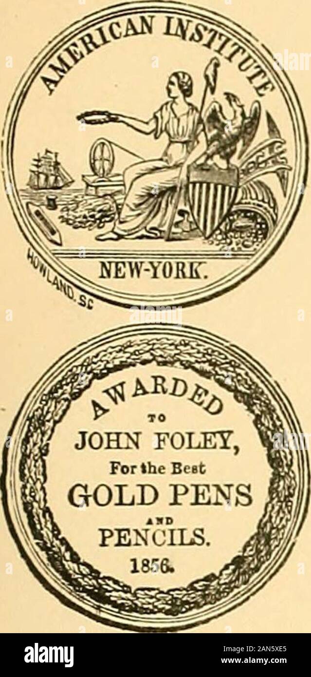 History of the invention and illustrated process of making Foley's diamond pointed gold pens . n Express Co. Adams Express Co. Wells, Butterfleld & Co. Wells, Fargo & Co. United States Express Co. Barclay & Livingston. New York Daily Times. A. Gordon, Cashier New York Herald. T. Ketcham & Co. S. B. Chittenden. Johnson & Higgins. Moody & Telfair. McKillop, Sprague & Co. 6 The Commercial Agency, McKillop, Sprague & Co.,New York, December, 1866. For the information of merchants and others throughout the country, whomay have occasion to transact business with Mr. John Foley, Gold PenManufacturer, Stock Photo
