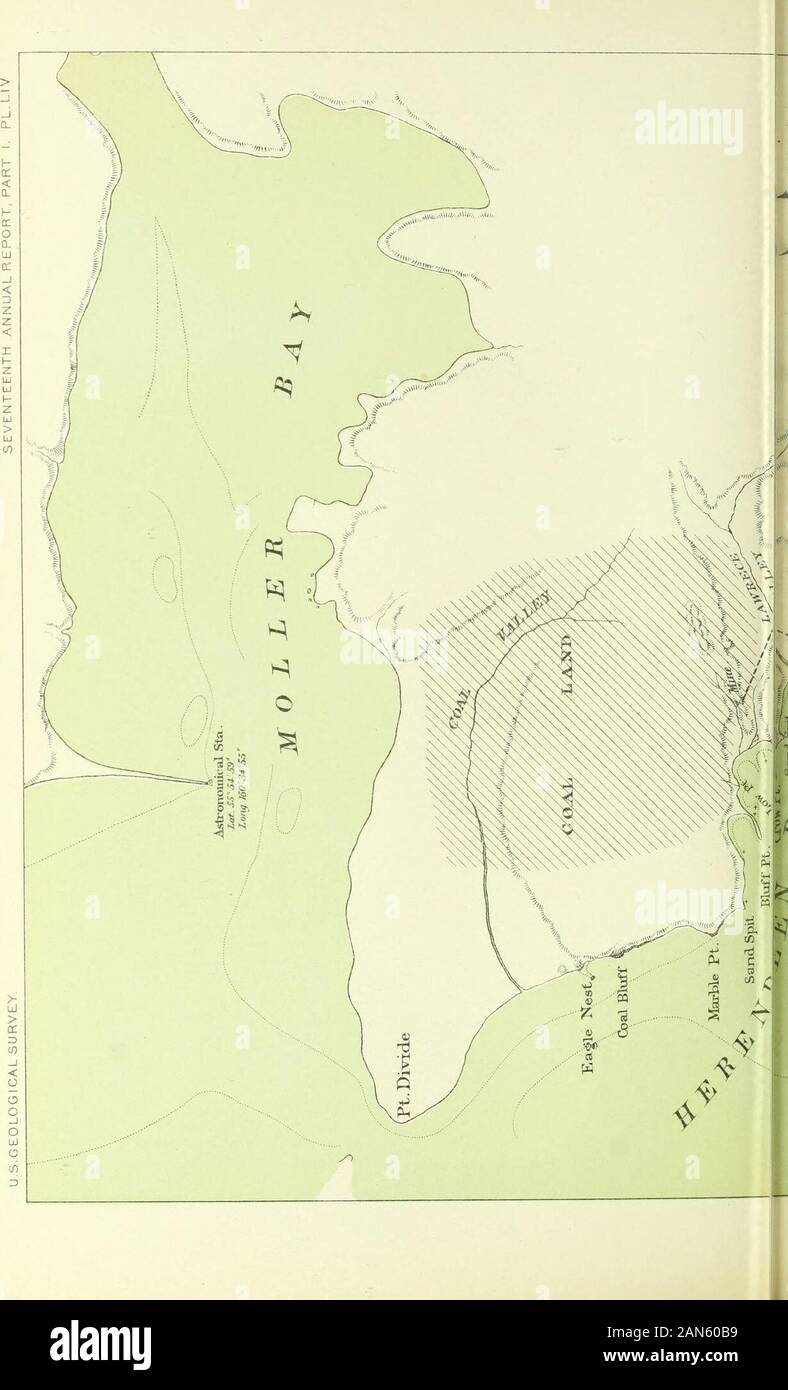Annual report of the United States Geological Survey to the Secretary of the Interior . ains are in most cases very numerous, even on small fragments ofmatrix. Fifteen species of plants were identified from this locality, whichwill be found enumerated in the appendix on Paleobotany. After pushing tlieir tunnels to the distance stated, the vein was sud-denly cut off by a fault in the strata, and all attempts to recover itproved fruitless. The presence of a more or less active volcano in thenear vicinity rendered this result less surprising, as the Tertiary stratahave been subjected to much dist Stock Photo