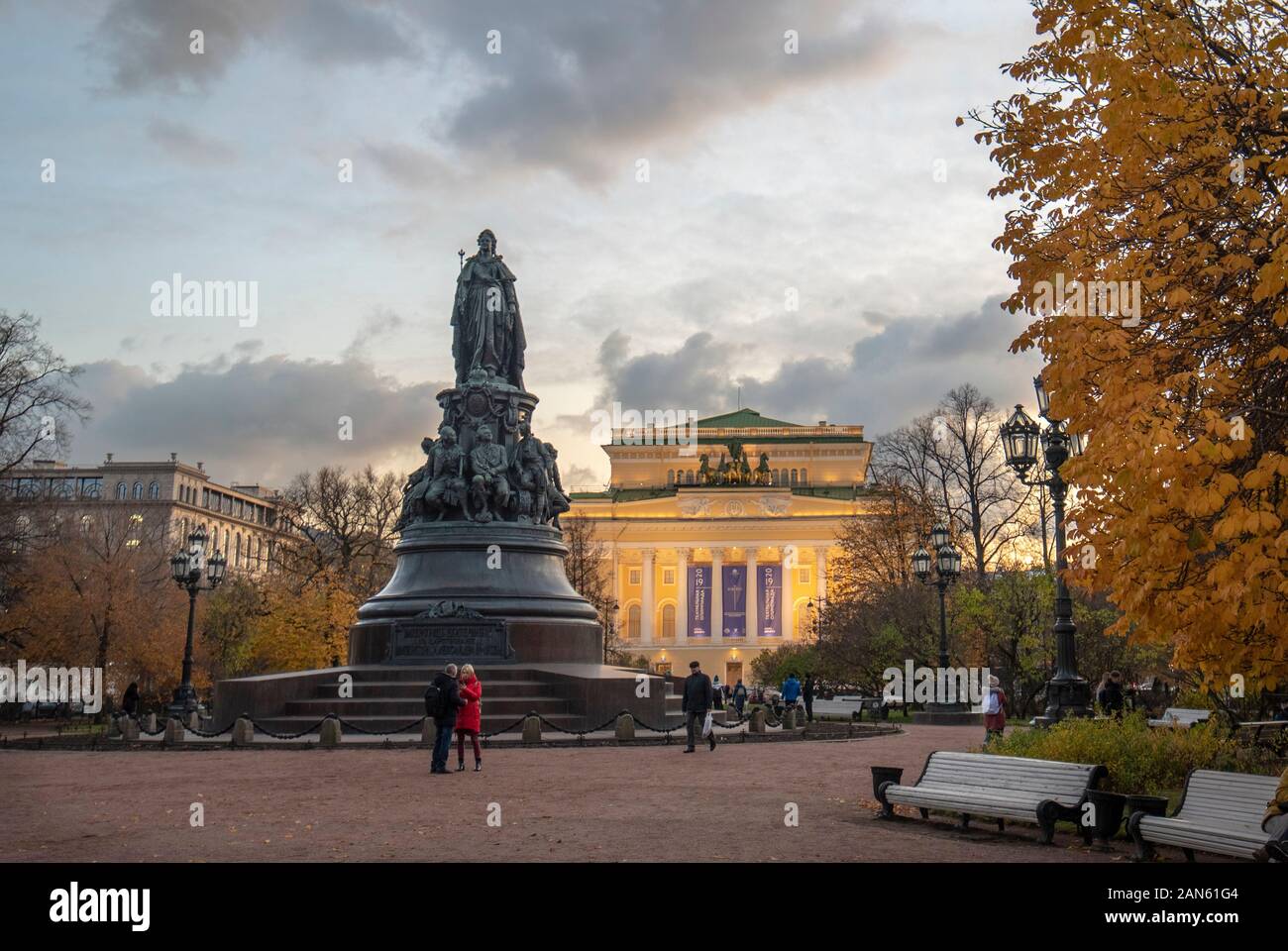 SAINT PETERSBURG. RUSSIA - The Monument to Catherine the Great II front of Alexandrinsky Theatre or Russian State Pushkin Academy Drama Theater Stock Photo