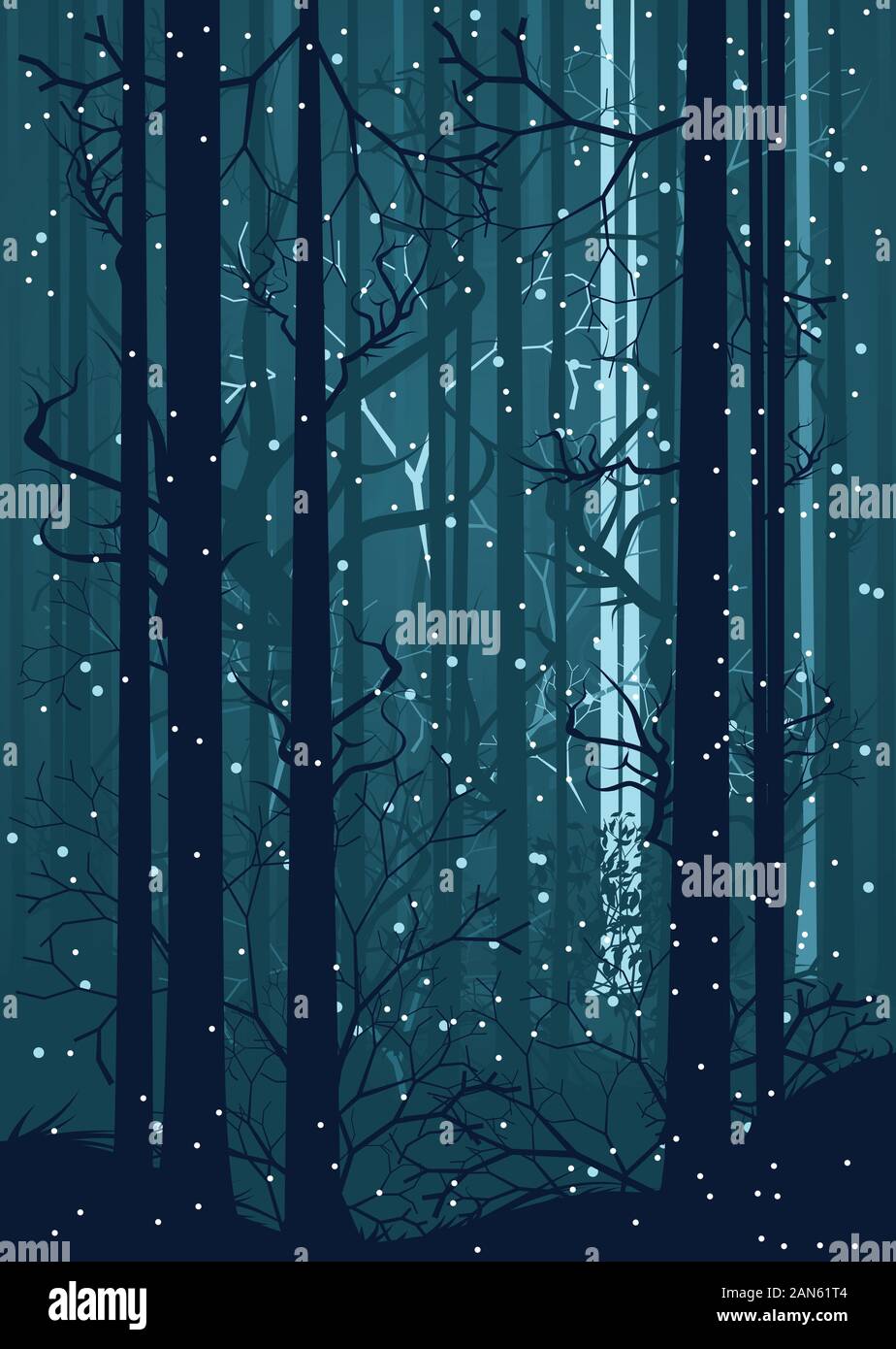 Falling snow in dark winter forest with trees silhouettes Stock Vector ...