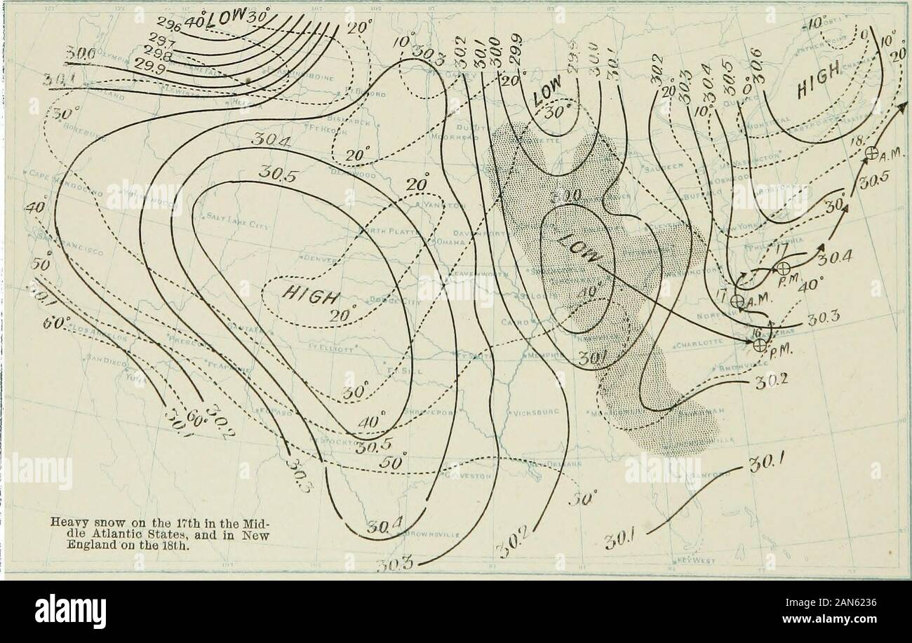 Studies of weather types and storms by professors and forecast officials of the Weather bureau . Heavy snow on the 17th in the MiddleAtlantic States, and in New Eng-land on the 18th. CHART 68&gt; December 16, I860—B &? m.. Heavy snow on the irth in the Mid-dle Atlantic States, and in NewEngland on the 18th. CHART 69. December 25,1800—8 a. m. Stock Photo