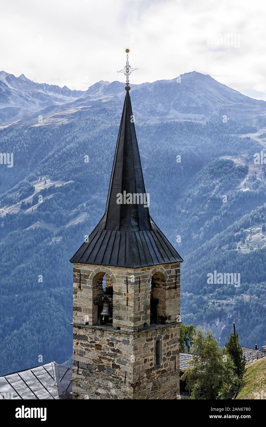 Tower of the parish church Sainte-Barbe in Chandolin, Val d'Annivers, Canton of valais, Switzerland, Europe Stock Photo