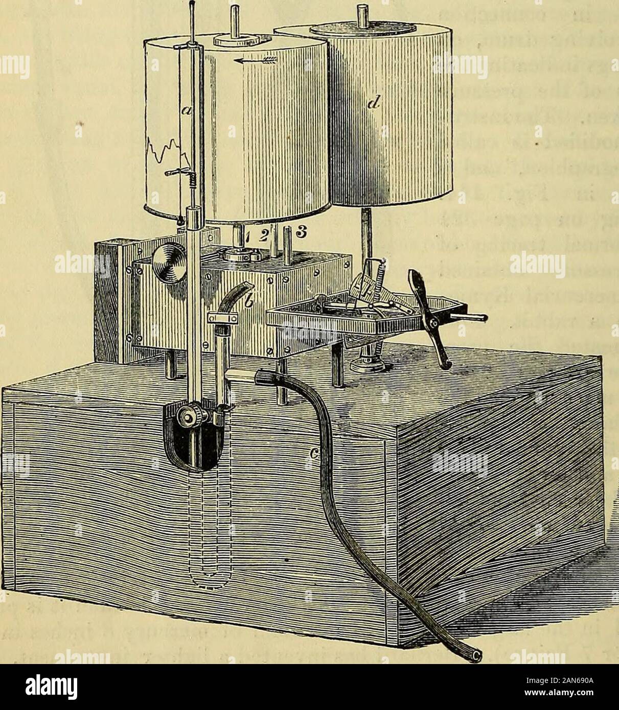 Carpenter's principles of human physiology . The Mercurial Kymograph.—a, Vulcanite rod of floating piston ; 6, tube which communi-cates with the pressure-bottle; c, tube which communicates with the artery; d, feedingcylinder. 1. First axis, which revolves once in a minute ; 2, second axis, which revolves oncein ten seconds; 3, axis, which revolves in 1J seconds. The instrument is furnished with othercylinders suitable for the reception of bands of paper, the surface of which can be blackenedafter they are fixed on to the cylinders, by causing the cylinder to revolve over the flame of apetroleu Stock Photo