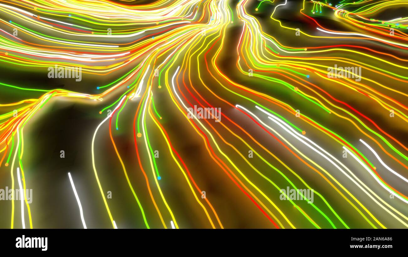 Neon glowing twisted cosmic lines on the surface of the planet ...