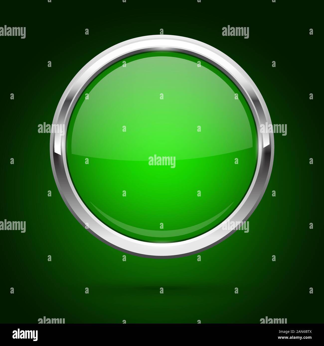 Green glass button with metal frame. Round icon on dark background ...
