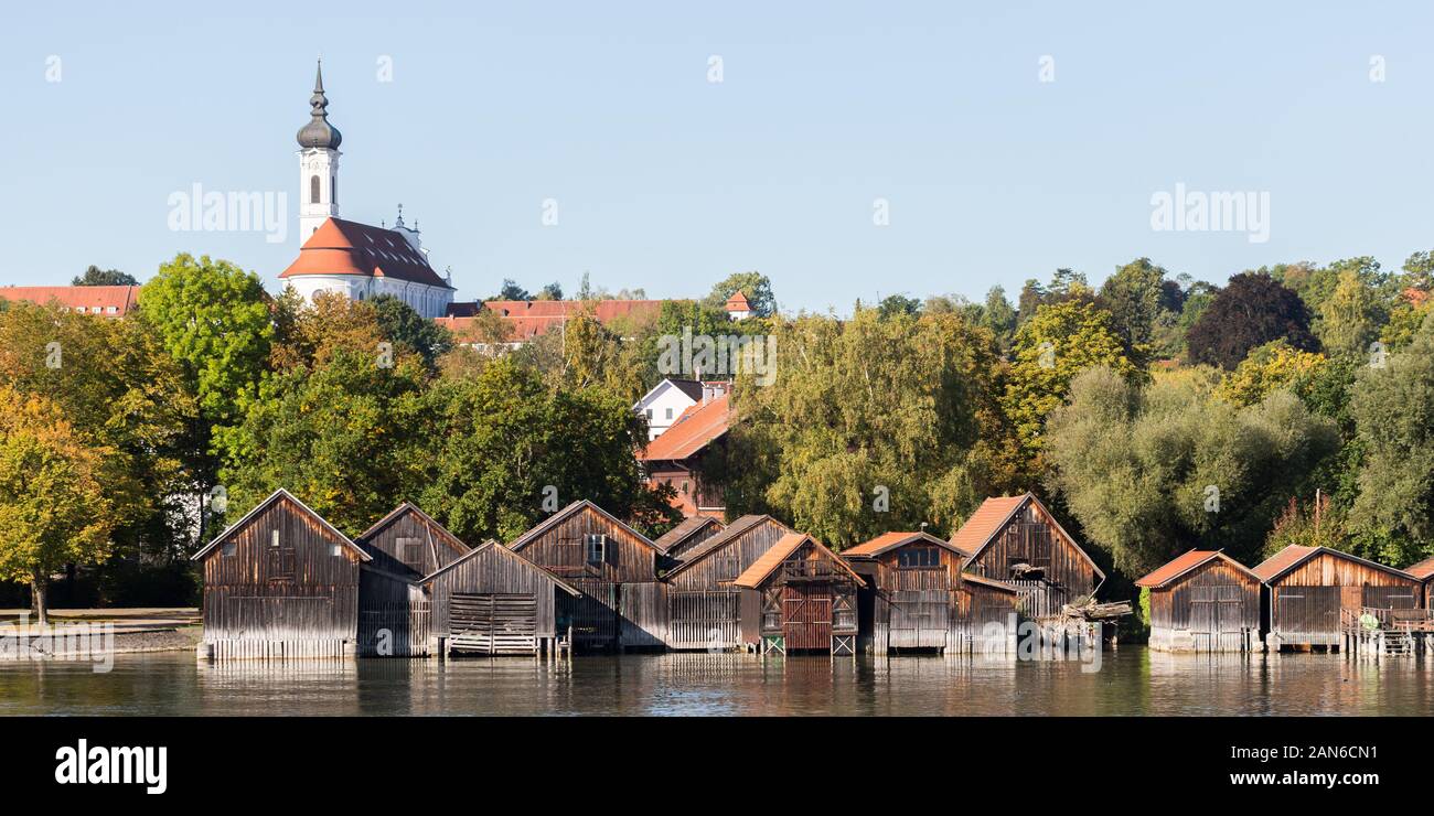 Panorama view on Marienmuenster (church) and boat houses. Diessen is a popular destination for day trips from Munich. Bavarian landscape. Stock Photo