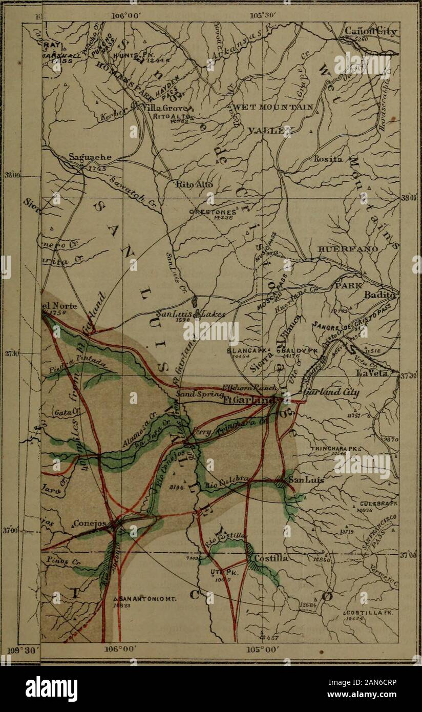 Annual report upon explorations and surveys in the department of the Missouri . ollows: Guadalupe (Guadaloupe), situated entirely on the south bank of the Rio Conejos, asindicated upon the map, being about 14 miles from La Jara, its altitude being 7,860feet; population, about 450; contains three good stores, one American and two Mexi-can, a large church, residences of the priests, with fine gardens attached; all the build-ings of the place being of adobe, a native brick of extensive use. This contains thepost-office of the entire section, mails being tri-weekly from Del Norte. Major Hea*d,lieu Stock Photo