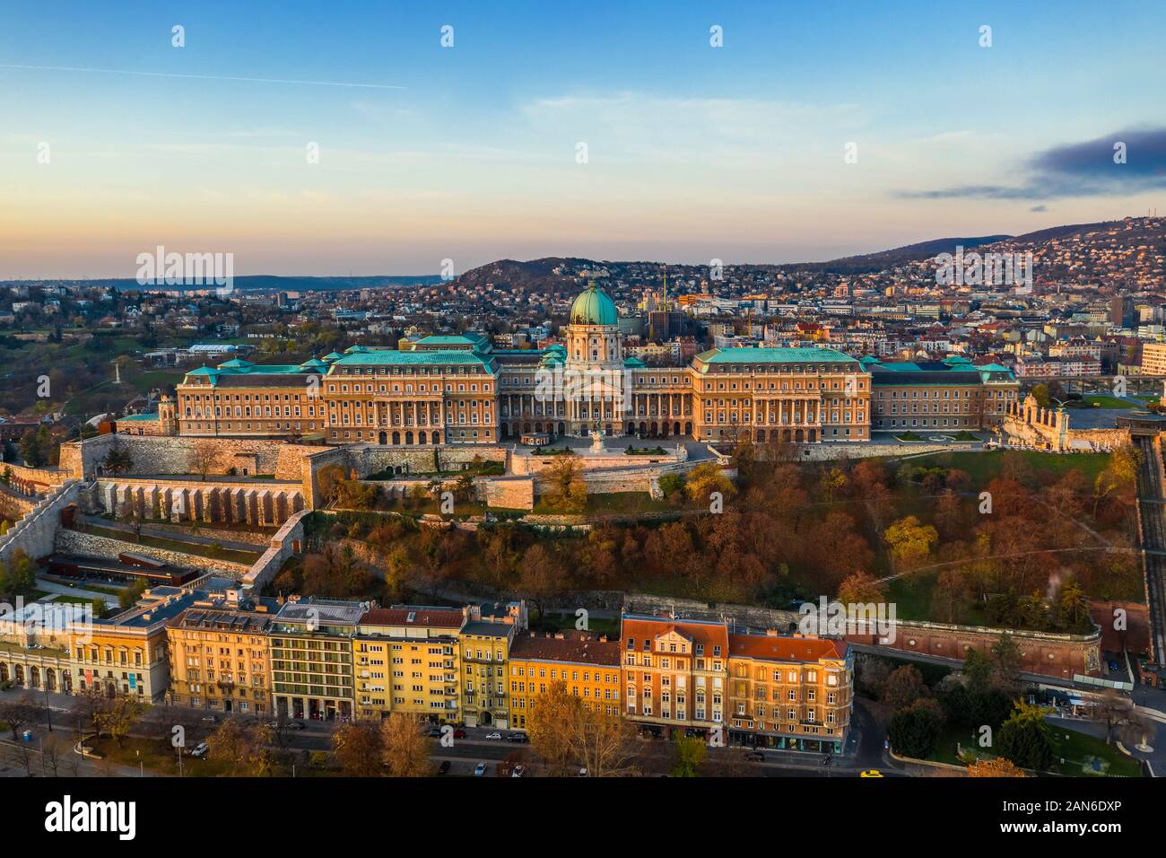 Budapest, Hungary - Aerial drone view of the famous Buda Castle Royal Palace at sunrise on a calm autumn morning Stock Photo
