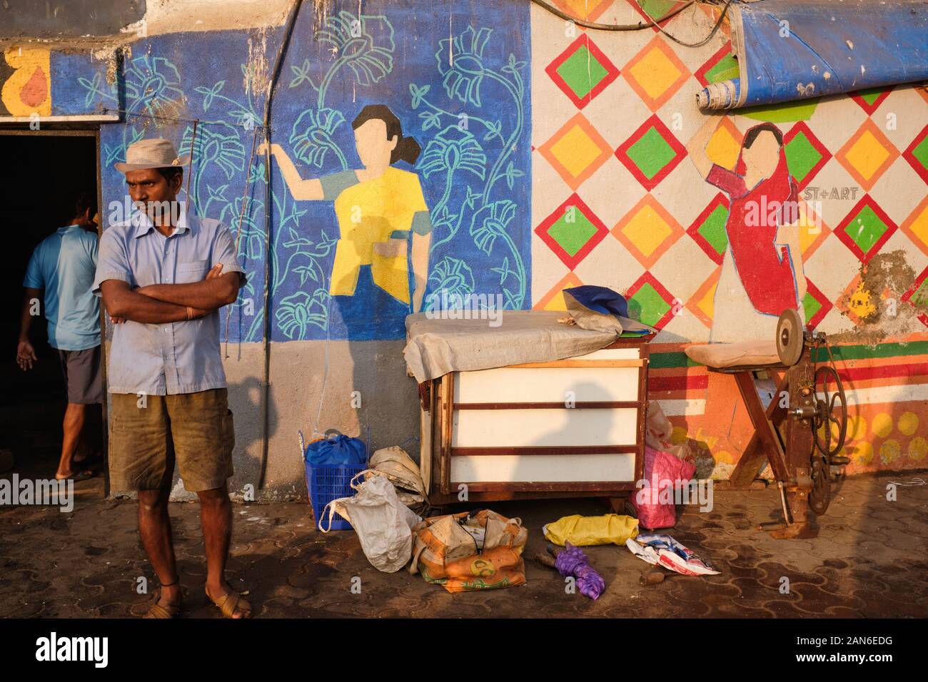 Colorful wall paintings at Sassoon Docks, a fishing harbor in Colaba ...