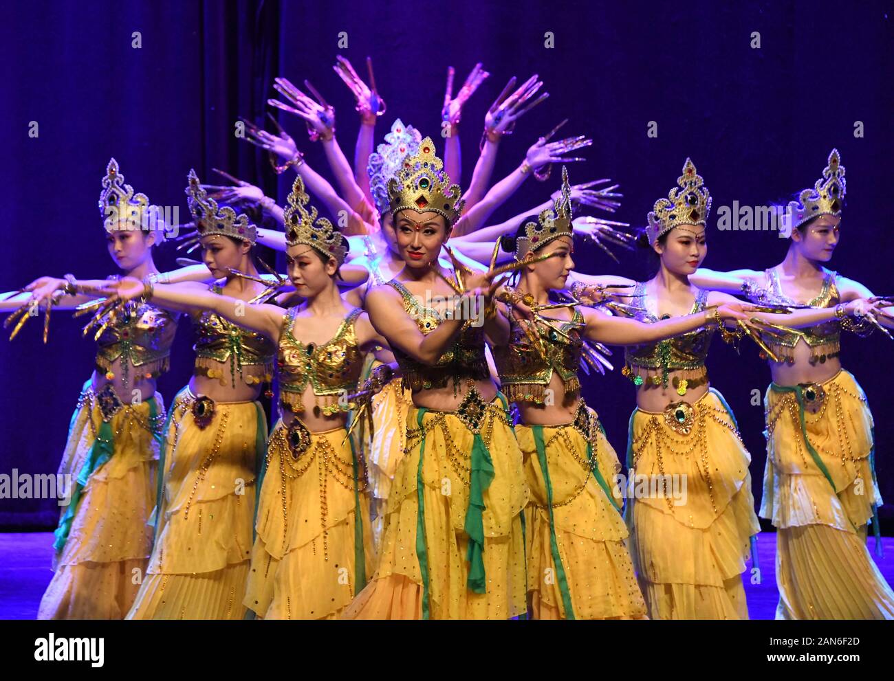(200116) -- ISTANBUL, Jan. 16, 2020 (Xinhua) -- Performers dance in Istanbul, Turkey, Jan. 15, 2020. A Chinese dance and music show celebrating the upcoming Chinese new year gained grand applause from the audience in Istanbul on Wednesday.    The performance, named 'Magical Silk Road and Magnificent Longyuan,' were performed by China's Gansu Provincial Opera and Gansu Province Acrobatic Troupe at a cultural center in the Atasehir district.     The program featured a blend of traditional Chinese dance and music, introducing the country's both ancient cultural heritage and modern culture in 16 d Stock Photo