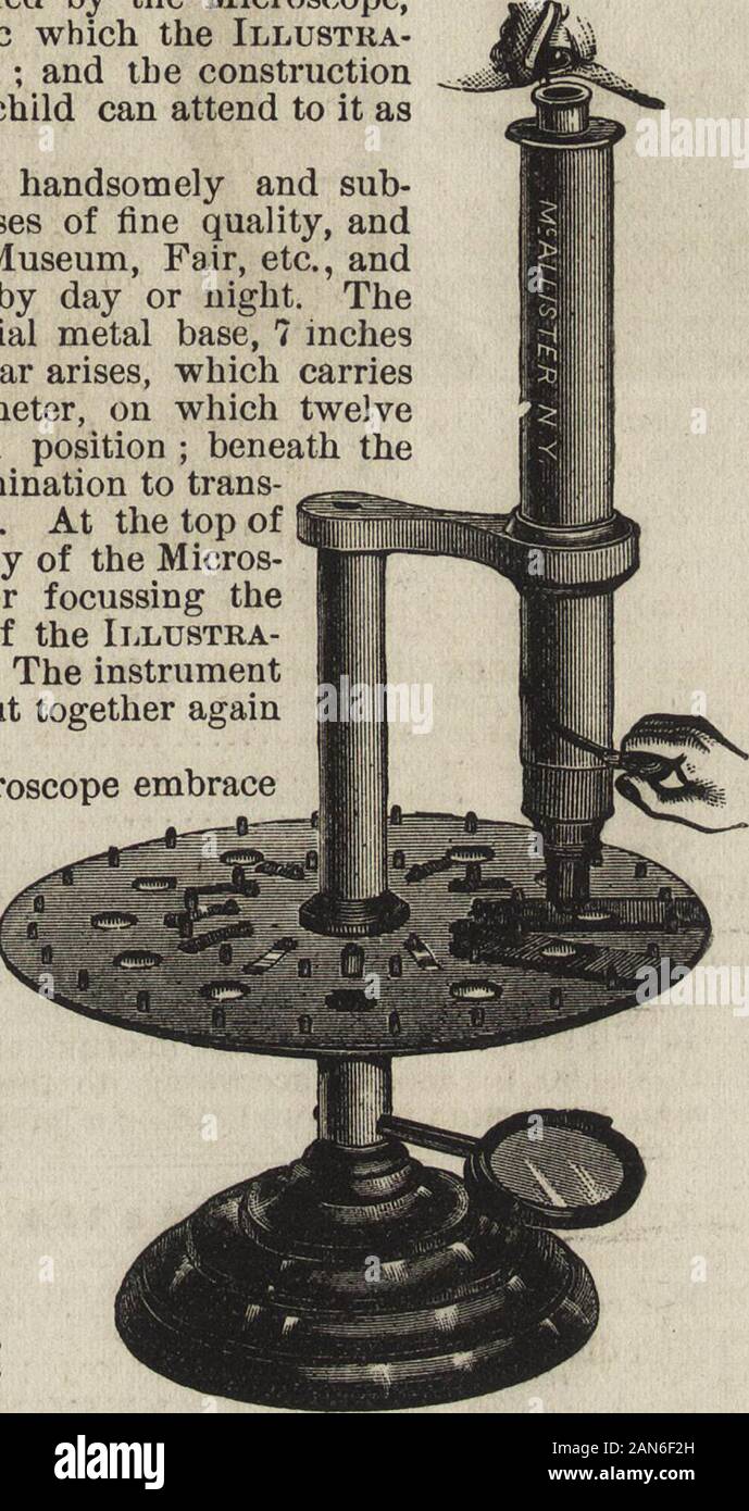 www.flickr.com/photos/internetarchivebookimages/tags/book... . m which a central pillar arises, which carriesa revolving stage, 10 inches in diameter, on which twelveobjects are placed and firmly held in position ; beneath thestage is a concave mirror to give illumination to trans-parent objects while being examined. At the top ofthe pillar is an arm supporting the body of the Micros-cope, with conrenient adjustment for focussing thelenses on the object. Total height of the Illustra-tors Microscope is about 18 inches. The instrumentcan be taken apart for packing, and put together againin a mom Stock Photo