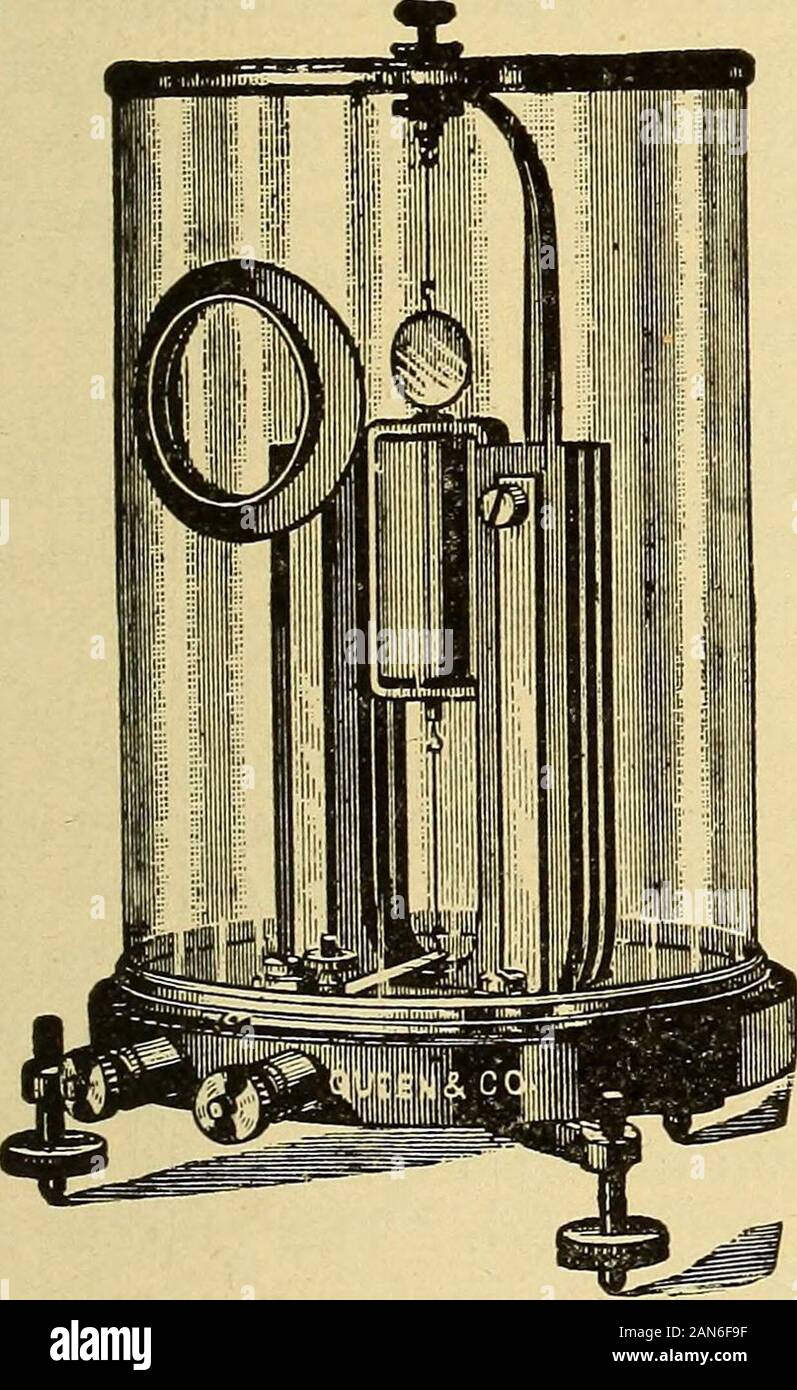 Lessons in practical electricity; principles, experiments, and arithmetical problems, an elementary text-book . Fig. 168.—Thomson Mirror-Reflecting Double CoilAstatic Galvanometer with Case Open. GALVANOMETERS. 181 galvanometer, used for measuring momentary currents (as inductioncurrents or the discharge of a condenser, fl 803), the magnetic systemis constructed so as to have considerable weight, and arranged togive the least possible damping effect. If a momentary current bepassed through its coils, the impulse given to the needle does notcause appreciable movement of the magnetic system unti Stock Photo