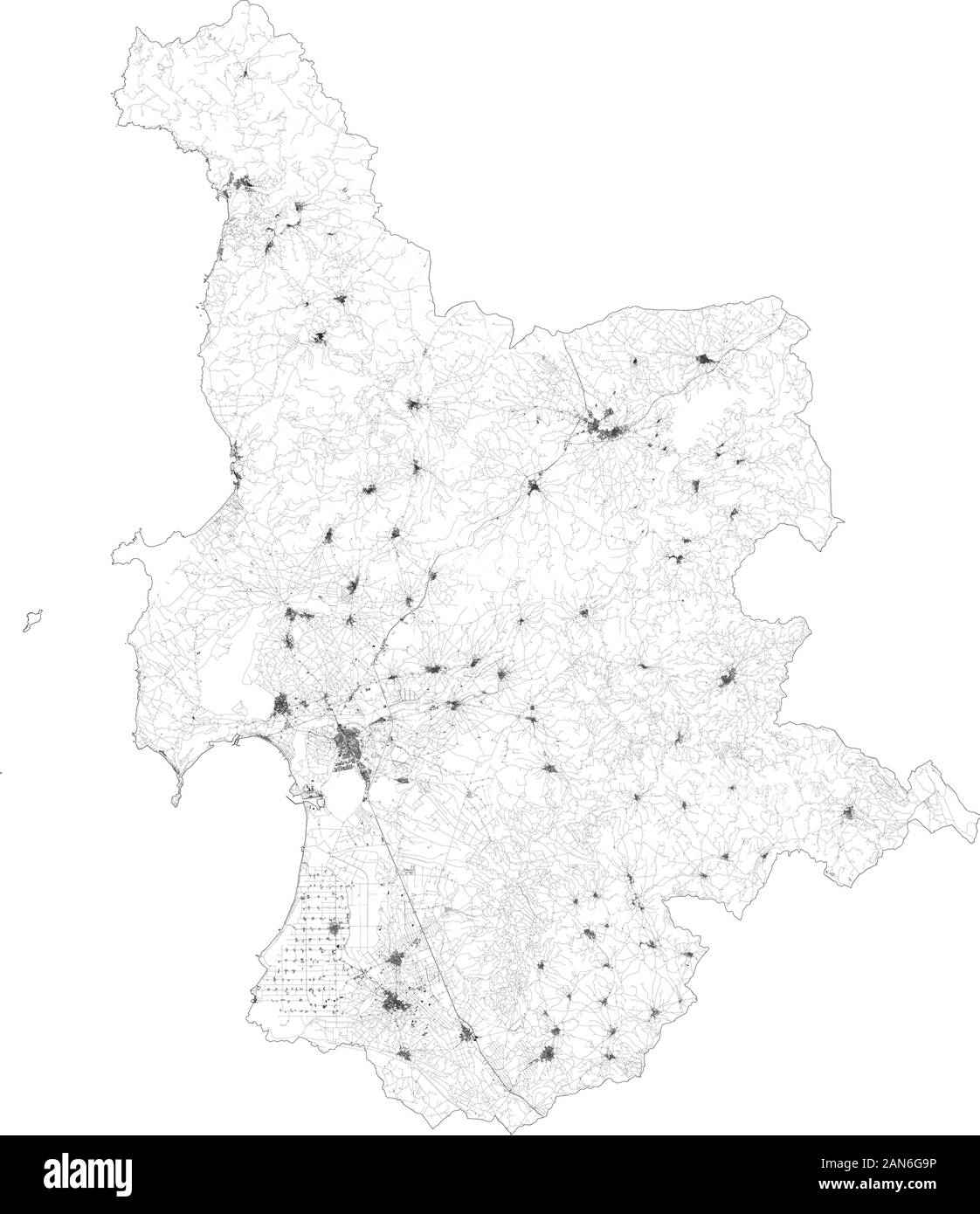 Satellite map of Province of Oristano towns and roads, buildings and connecting roads of surrounding areas. Sardinia region, Italy. Sardegna Stock Vector