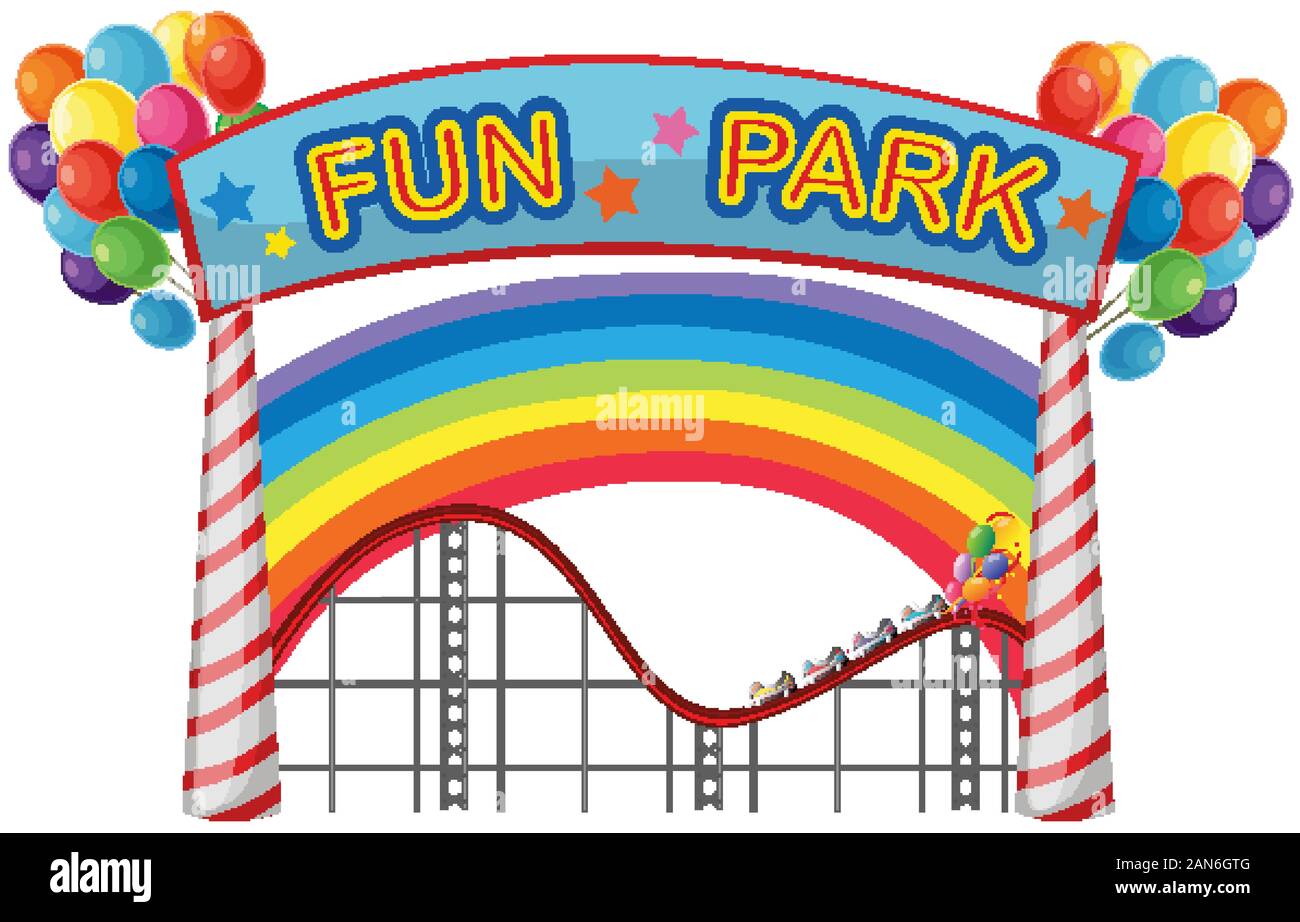 Fun park sign with rainbow and balloons in background illustration