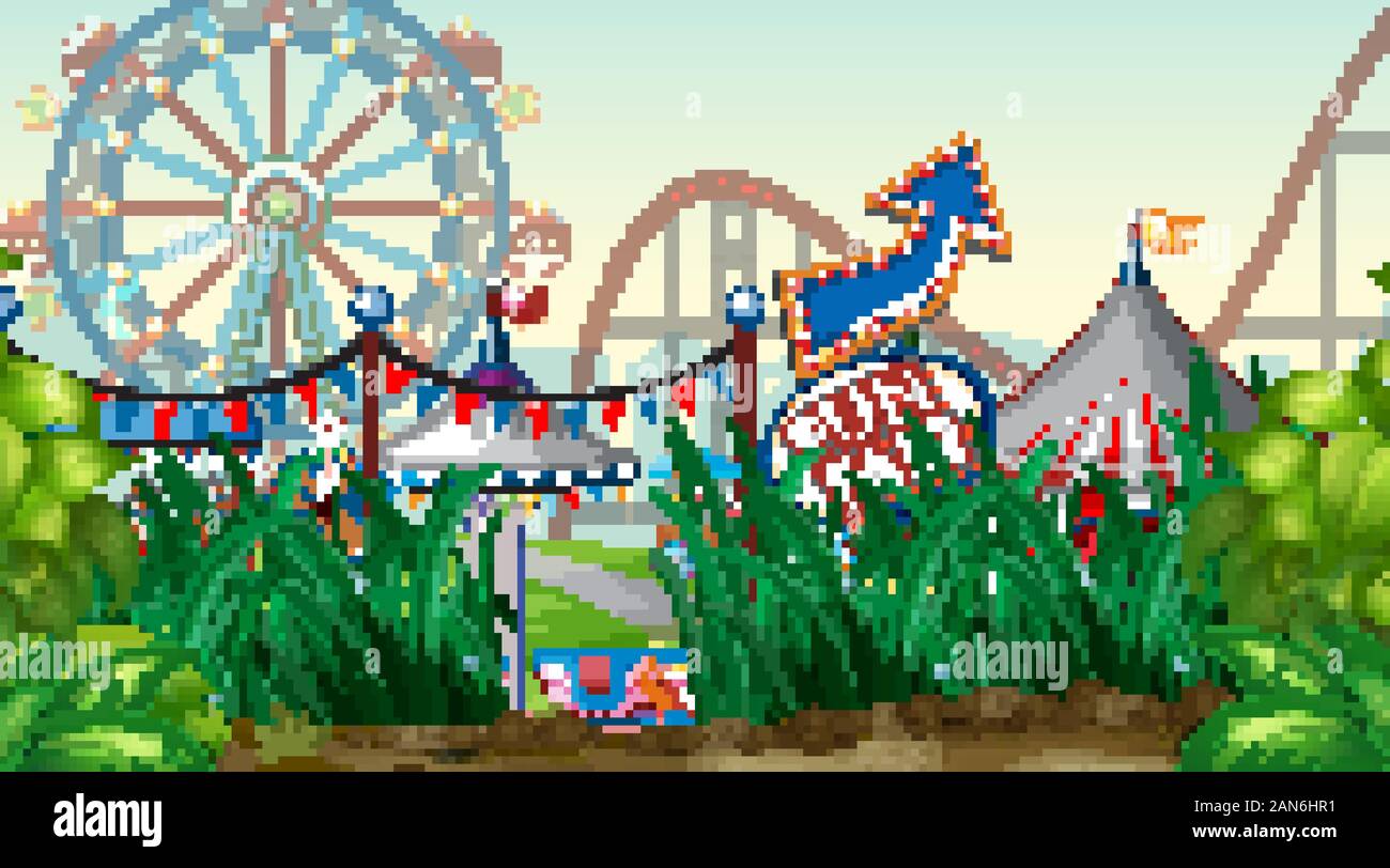 Scene with roller coaster and ferris wheel in the park illustration ...