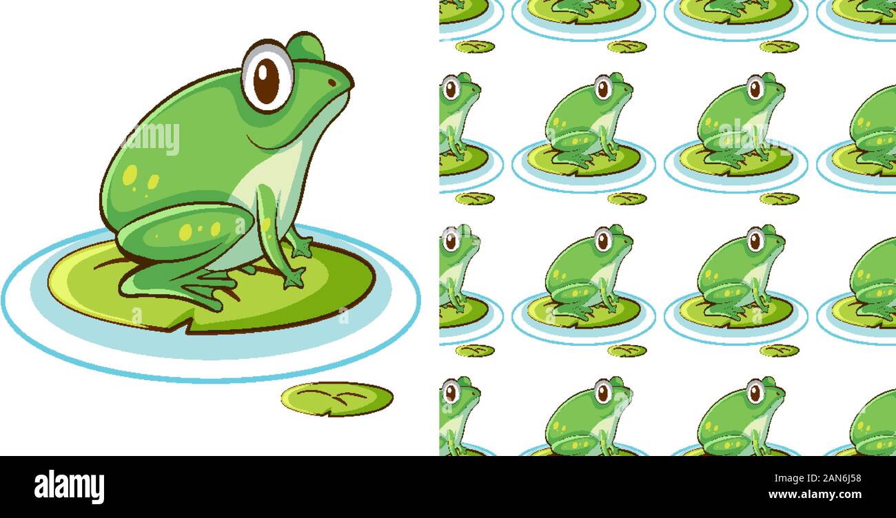 Seamless background design with green frog on water lily illustration ...