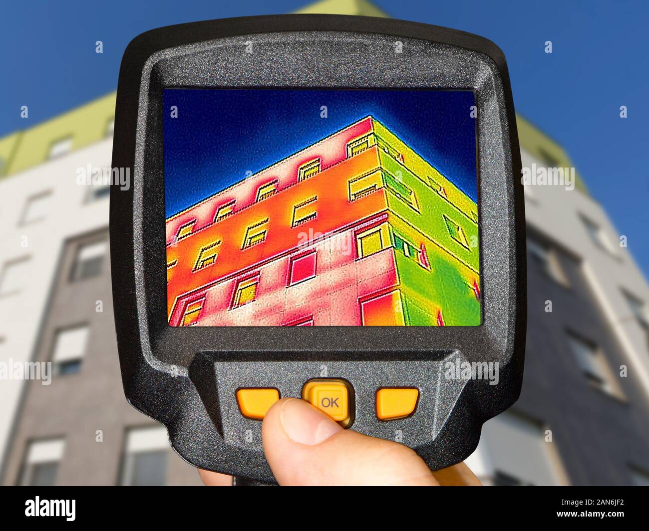 Recording Heat Loss at the Residential building with a thermal camera Stock Photo