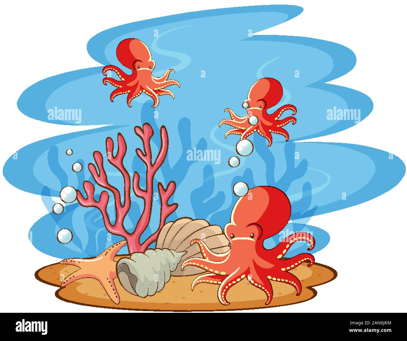 Scene with octopus swimming in the sea illustration Stock Vector