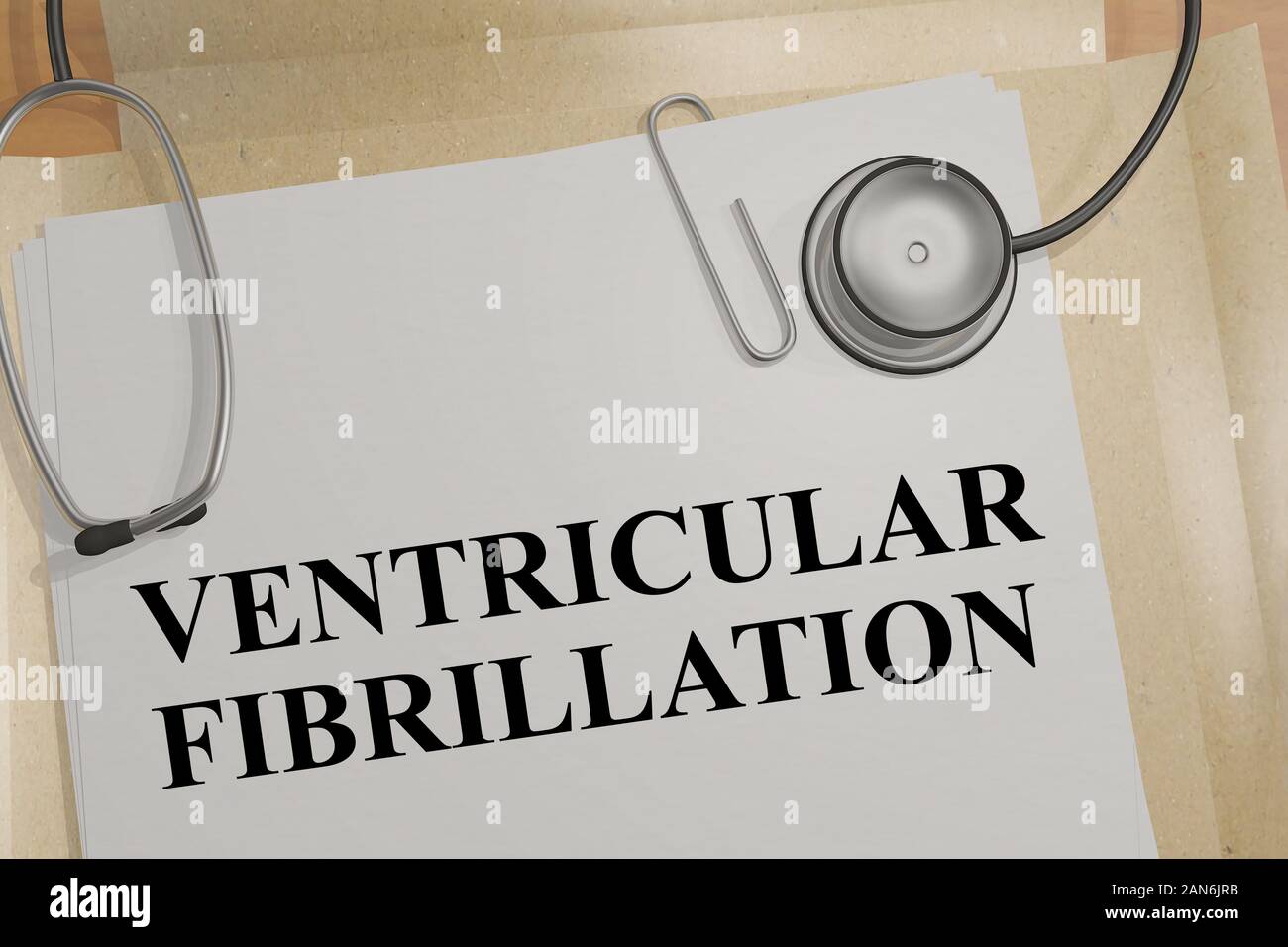 3D illustration of VENTRICULAR FIBRILLATION title on a medical document Stock Photo