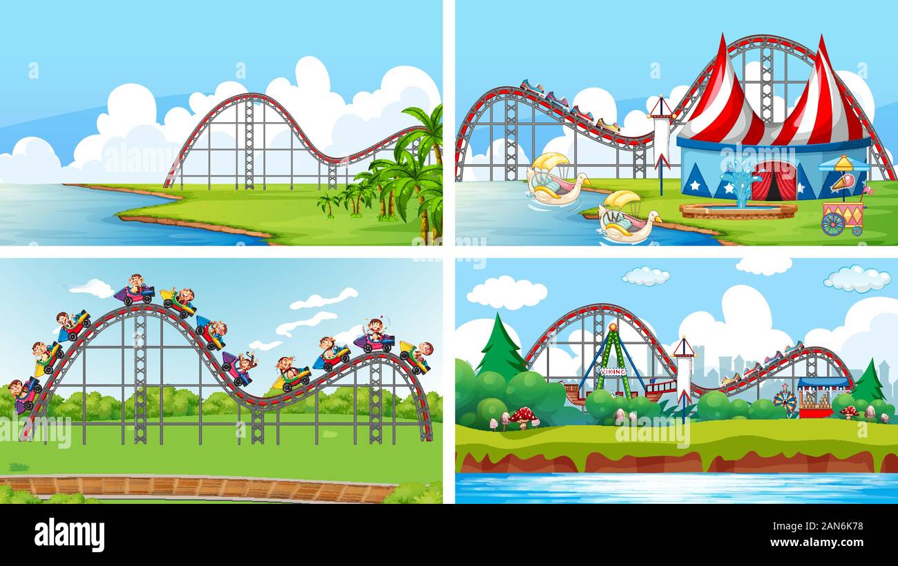 Four scenes with many rides in the fun fair illustration Stock Vector ...