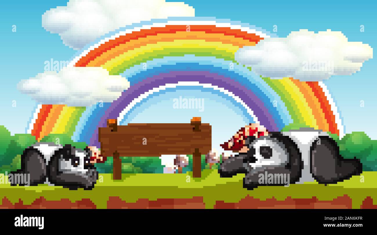 Scene with two pandas and wooden sign illustration Stock Vector Image ...
