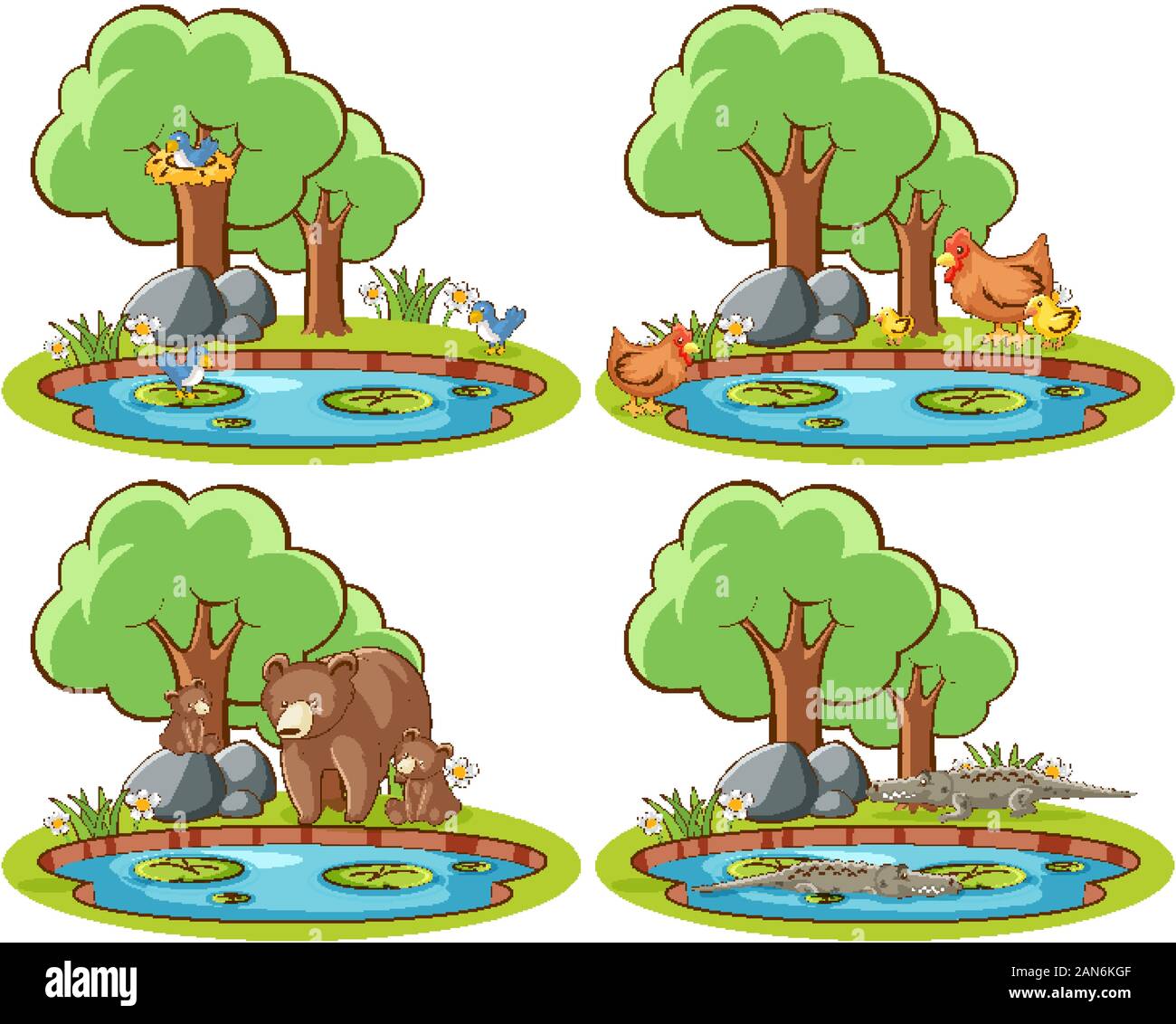 Set of wild animals in the park with pond and tree illustration Stock ...