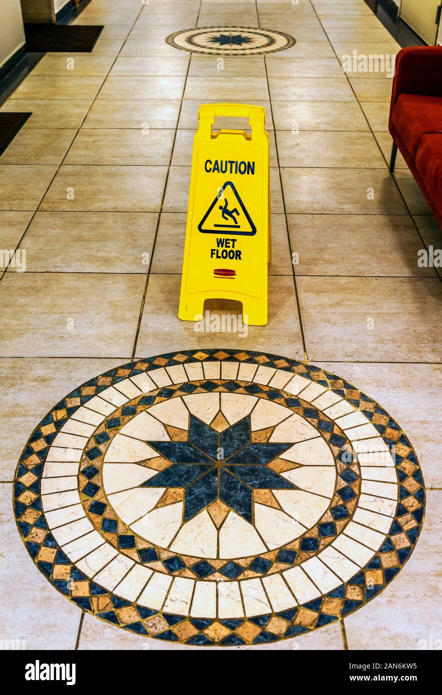 Caution sign in the Dead Sea hotel , Israel Stock Photo